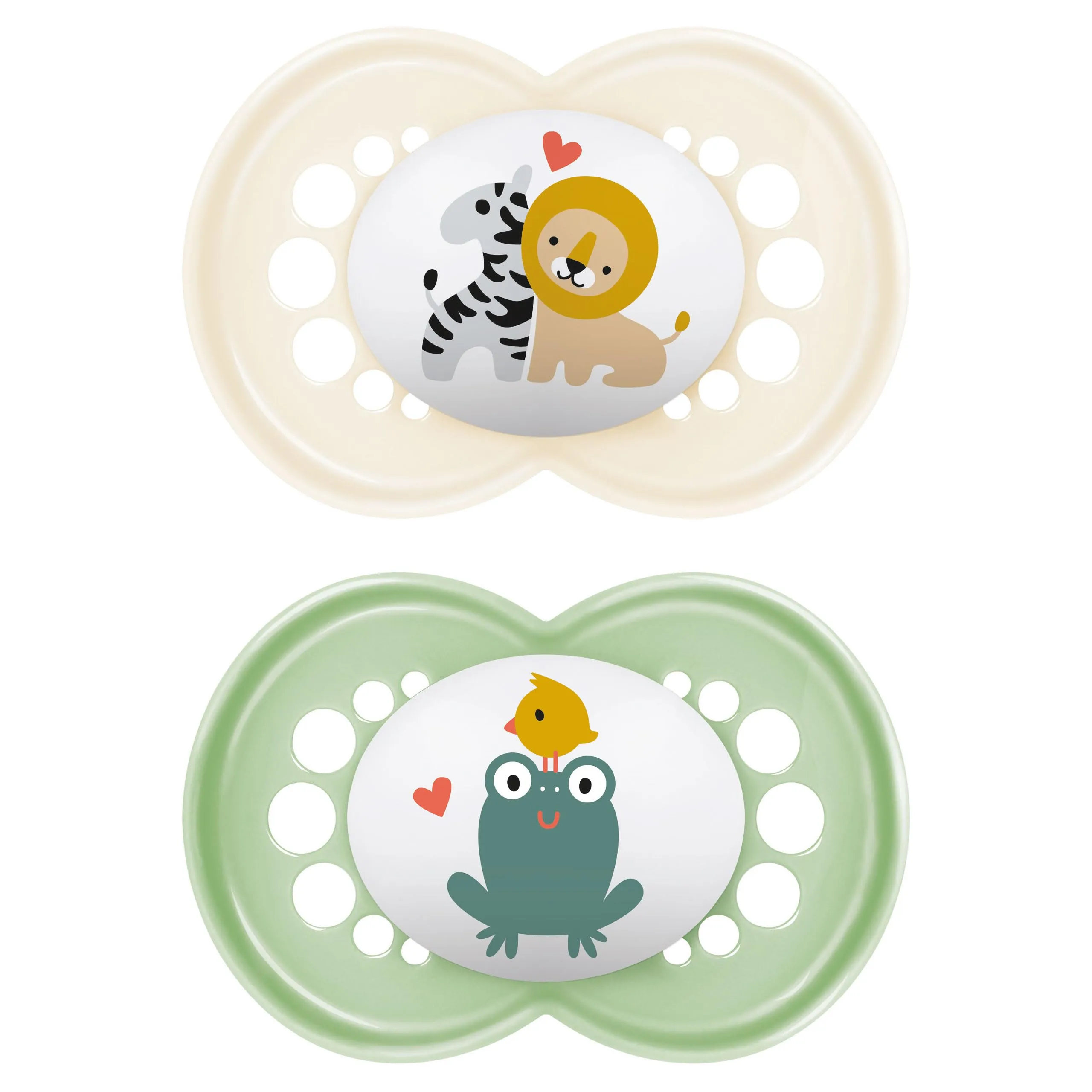 MAM Original Succhietto 16+ Mesi (Set da 2), Ciuccio MAM 16 36 mesi con tettarella ortodontica in caucciù, Kit da 2 accessori neonato con pratico porta ciuccio sterilizzatore, Neutro/Verde