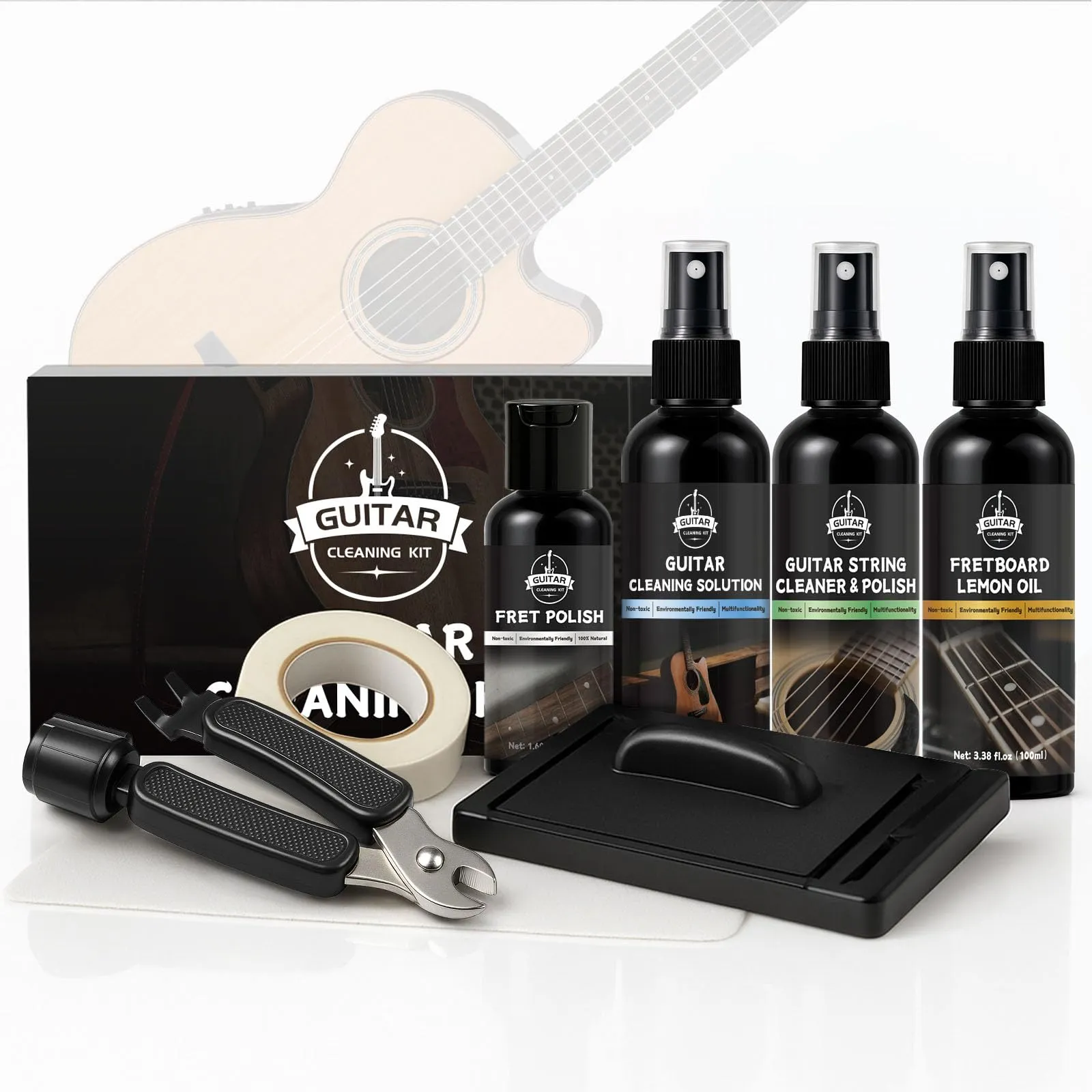 WAN2TLK Kit di pulizia per chitarra, kit di manutenzione per chitarra, include lucidante, soluzione per la pulizia, olio di limone per tastiera, pulizia e lucidatura delle corde, detergente per corde