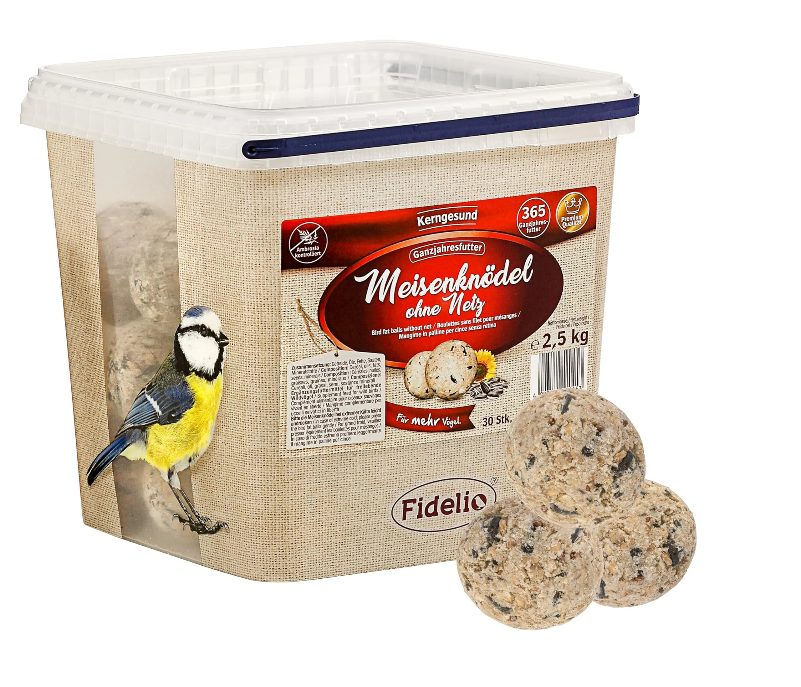 Fidelio Gnocchi di cince senza rete, mangimi per uccelli selvatici, ricchi di proteine/energia, di alta qualità per uccelli selvatici, 30 pezzi in secchio, 2,5 kg