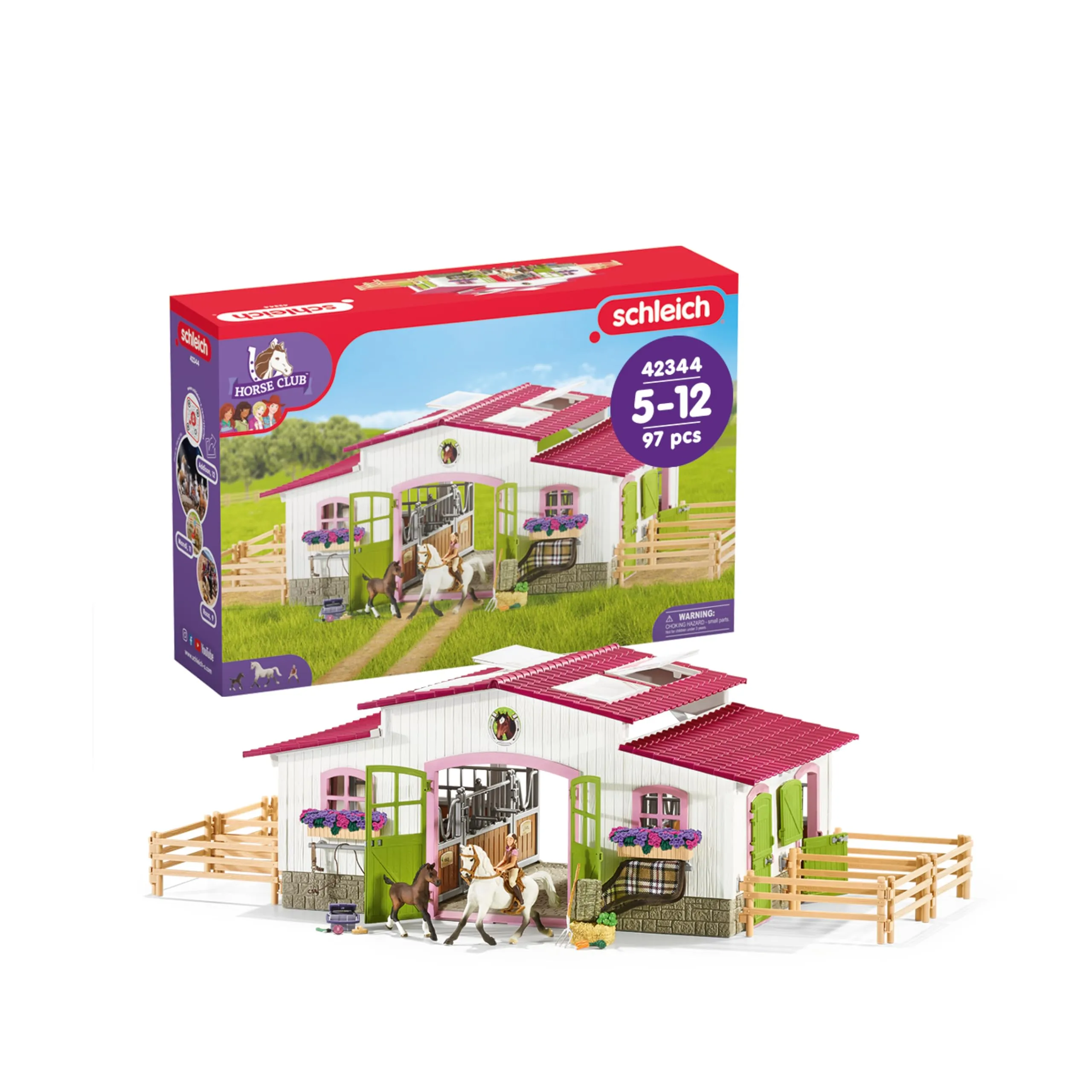 SCHLEICH 42344 Horse Club Maneggio con cavaliere e cavalli, set da gioco da 97 pezzi con 2 personaggi e tanti accessori, giocattolo per bambini dai 5 anni in su