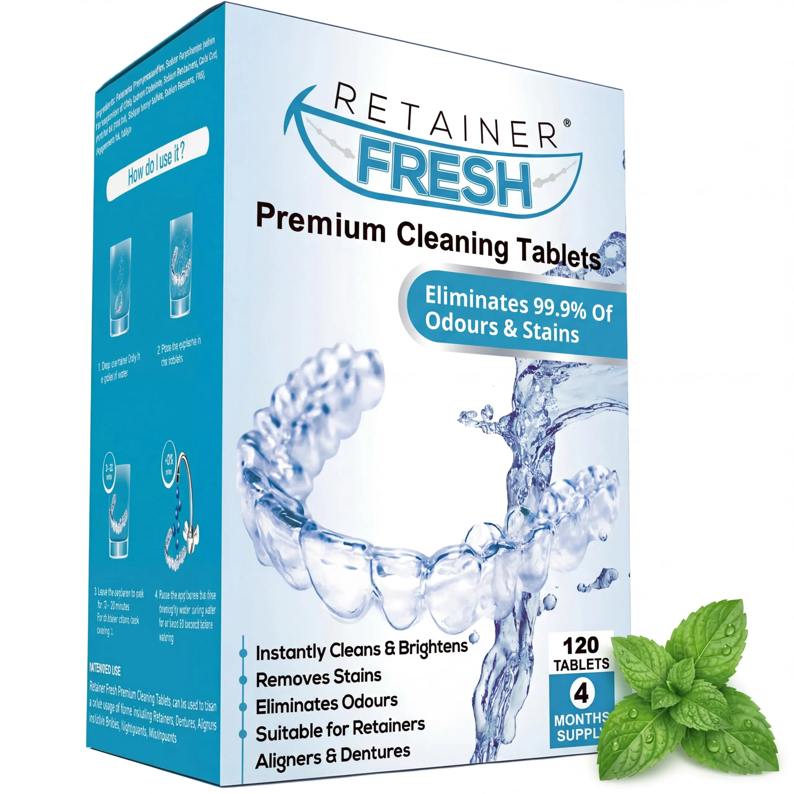 Retainer Fresh Pastiglie detergenti - 120 compresse, pulizia bite, Pulizia dentiere, compresse apparecchi ortodontici, per una luminosa e antimacchia Pulizia Profonda apparecchio