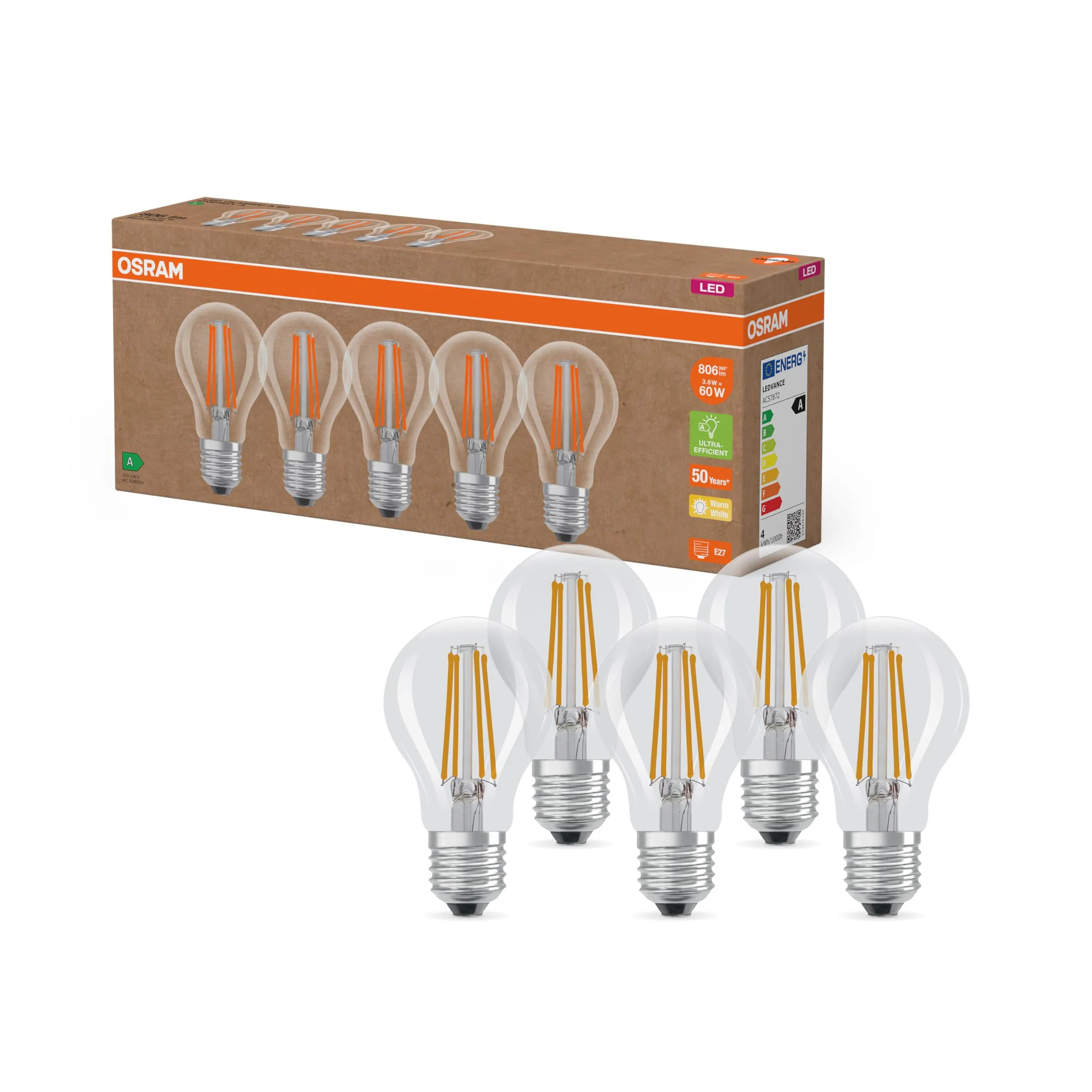 OSRAM Lampade LED ad alta efficienza con classe di efficienza energetica A, Confezione vantaggiosa con 5 lampadine, sostituzione 60W, bianco caldo (2700K), E27, vetro a filamento
