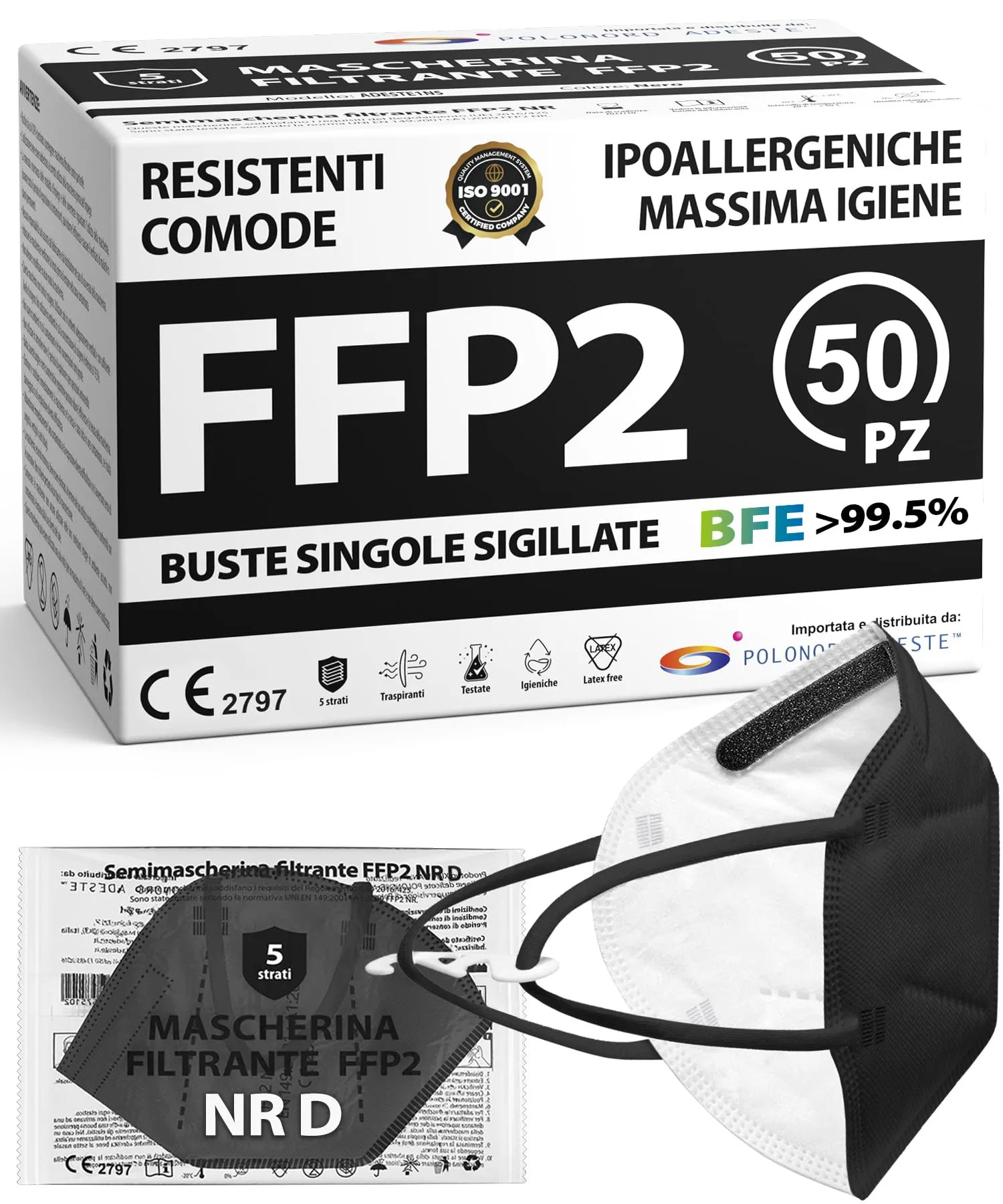 ADESTE - 50 Mascherine FFP2 NR D Nere Certificate CE, Filiera controllata, anallergiche, con elastici comodi e resistenti. Sicura: capacità filtrante >99,5%, Buste singole sigillate