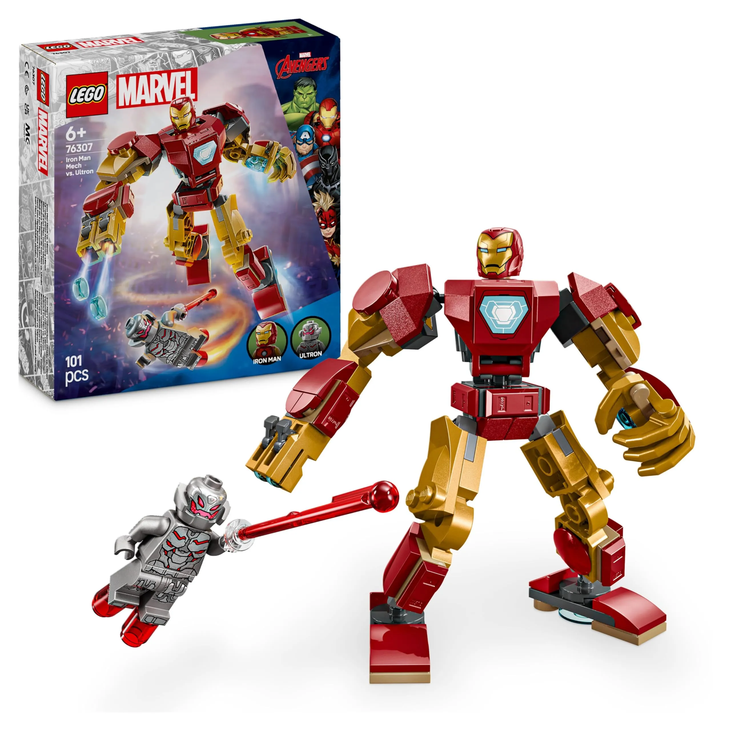 LEGO Marvel Mech di Iron Man Contro Ultron - Action Figure Giocattolo Snodabile da Costruire con 2 Minifigure, Gioco per Bambini e Bambine da 6 Anni in su Fan dei Supereroi, Idea Regalo 76307