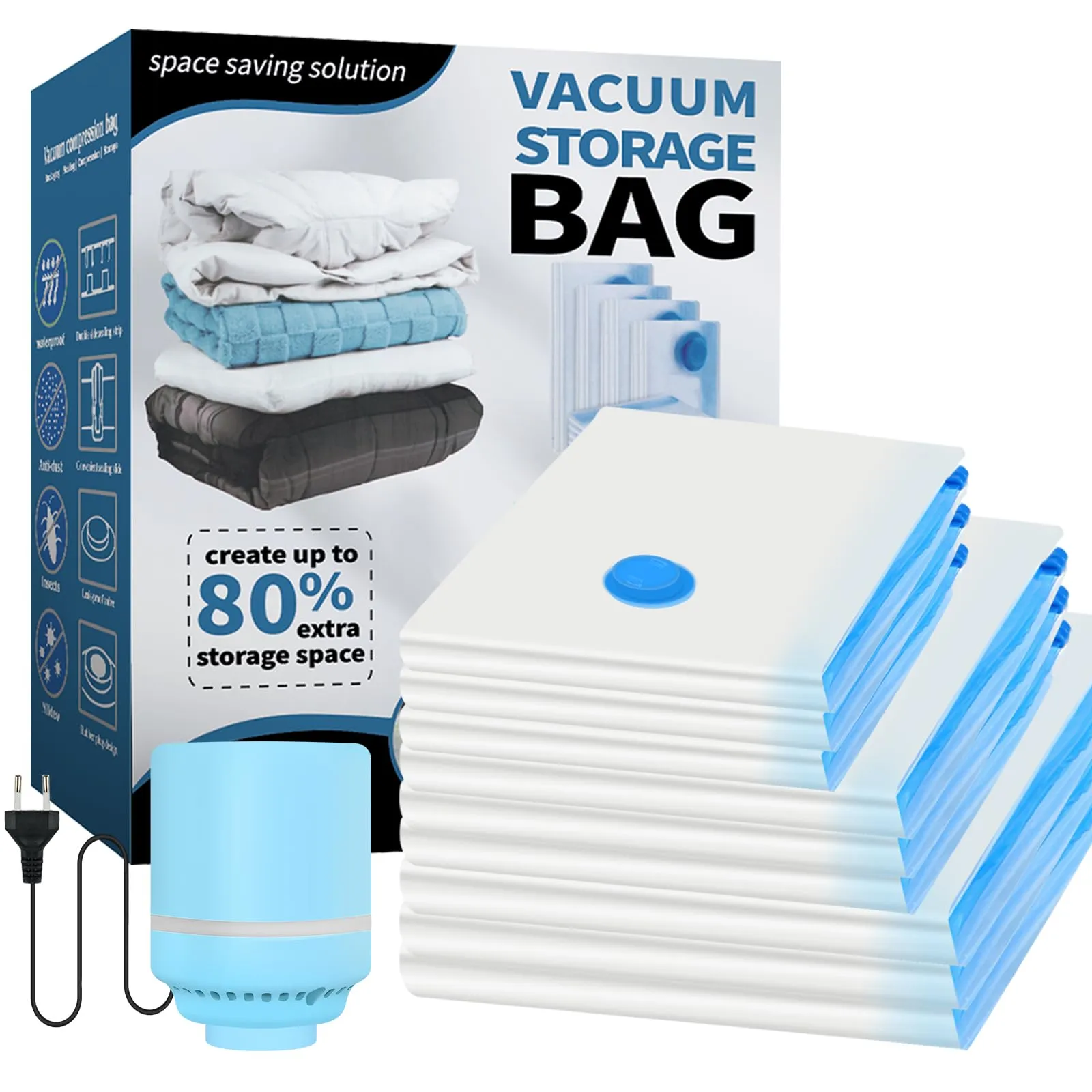 vicihoho Sacchetti Sottovuoto Vestiti con Pompa Elettrica, 10 Pezzi(3 jumbo, 3L, 3S, 1*Pompa Elettrica), Riutilizzabili Sacchi Sottovuoto per Coperte, Piumino, Cuscini, Viaggi