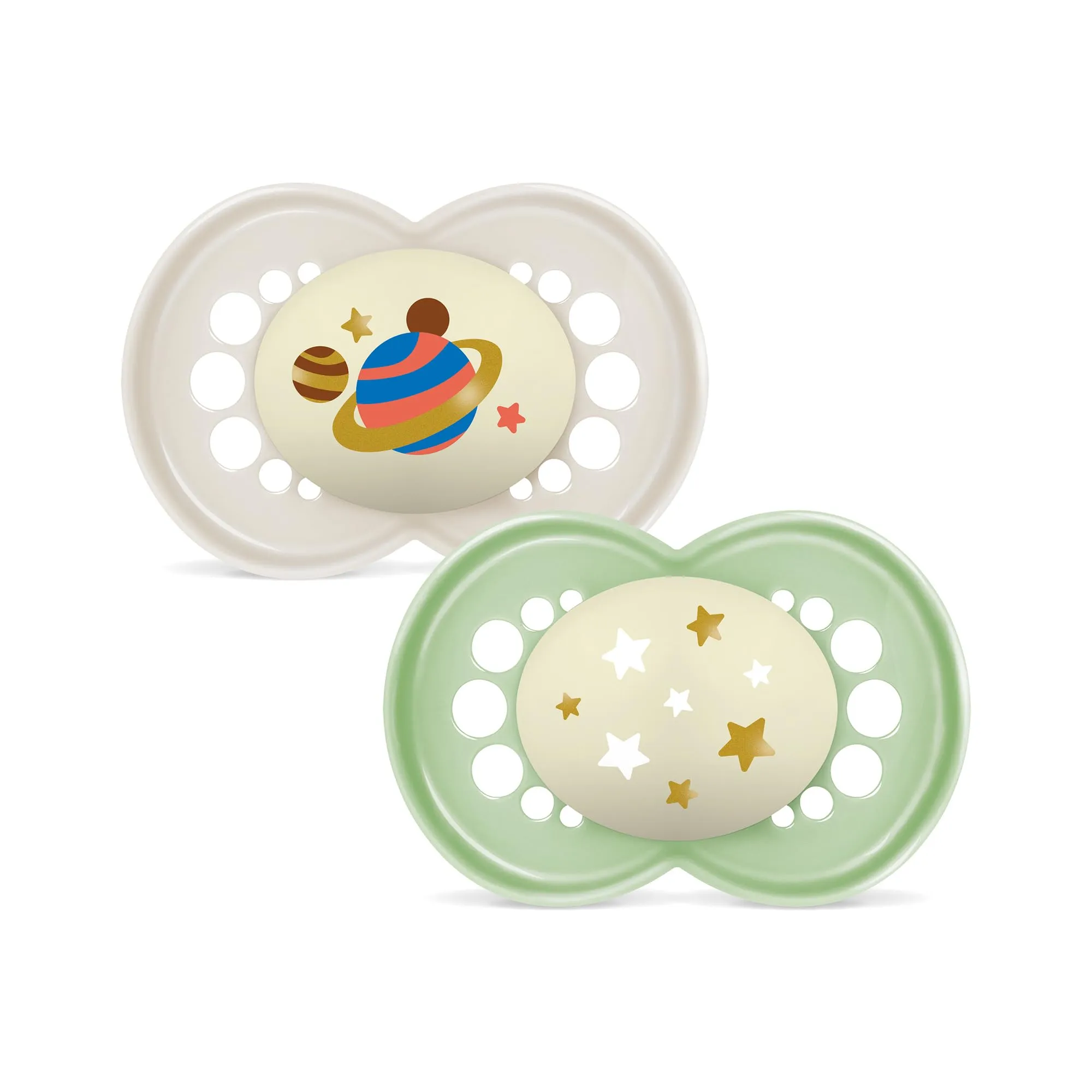 MAM Original Night Succhietto 6+ Mesi (Set da 2), Ciuccio MAM 6-16 mesi che si illumina al buio con tettarella in caucciù, Kit da 2 accessori neonato con porta ciuccio sterilizzatore, Verde/Neutro