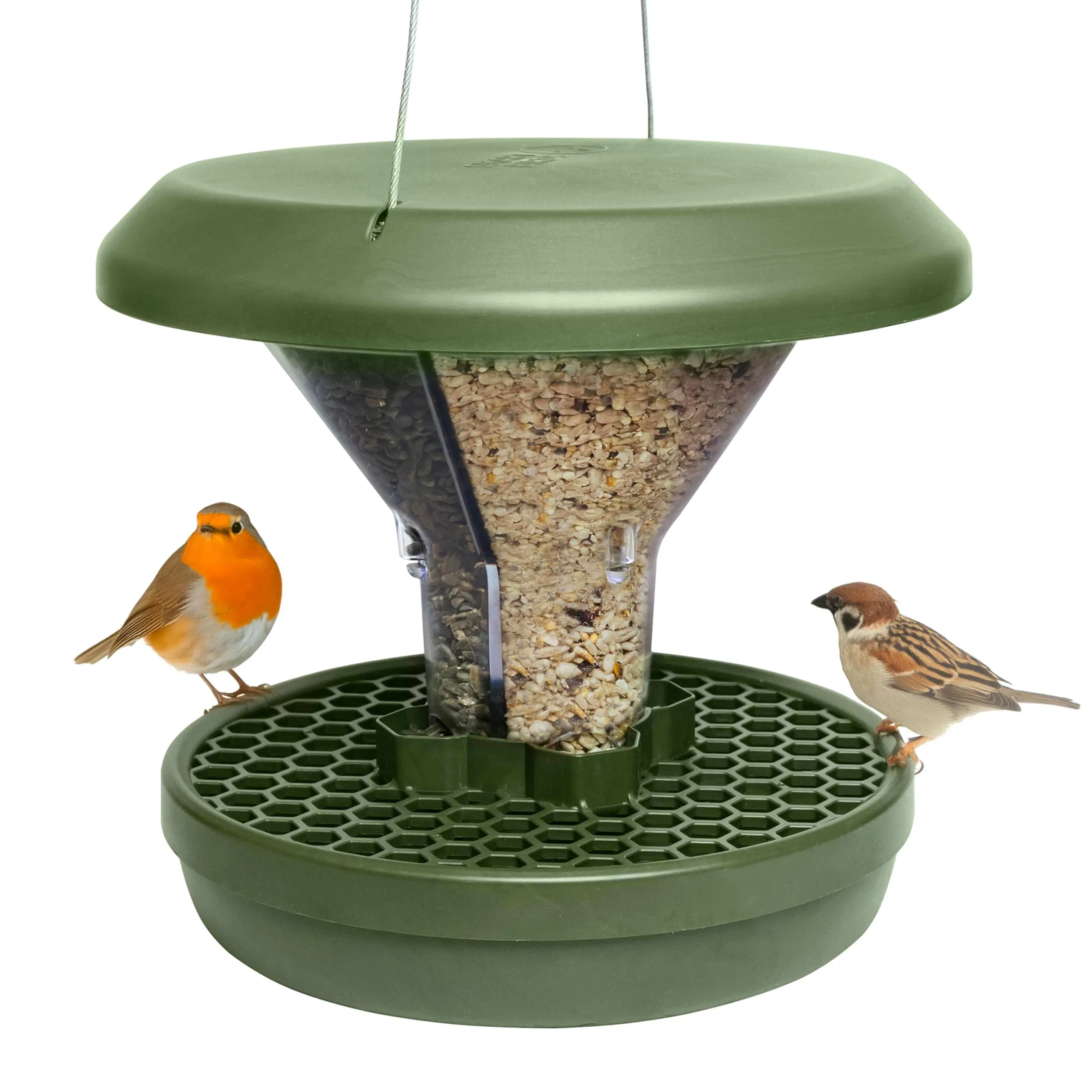 SWISSINNO Mangiatoia per Uccellini da Esterno - "Davos" SMART BIRDS - Casetta Cibo Uccelli Selvatici - 2 Scomparti Antispreco - A Prova di Topi e Ratti - Resistente - da Appendere - Verde