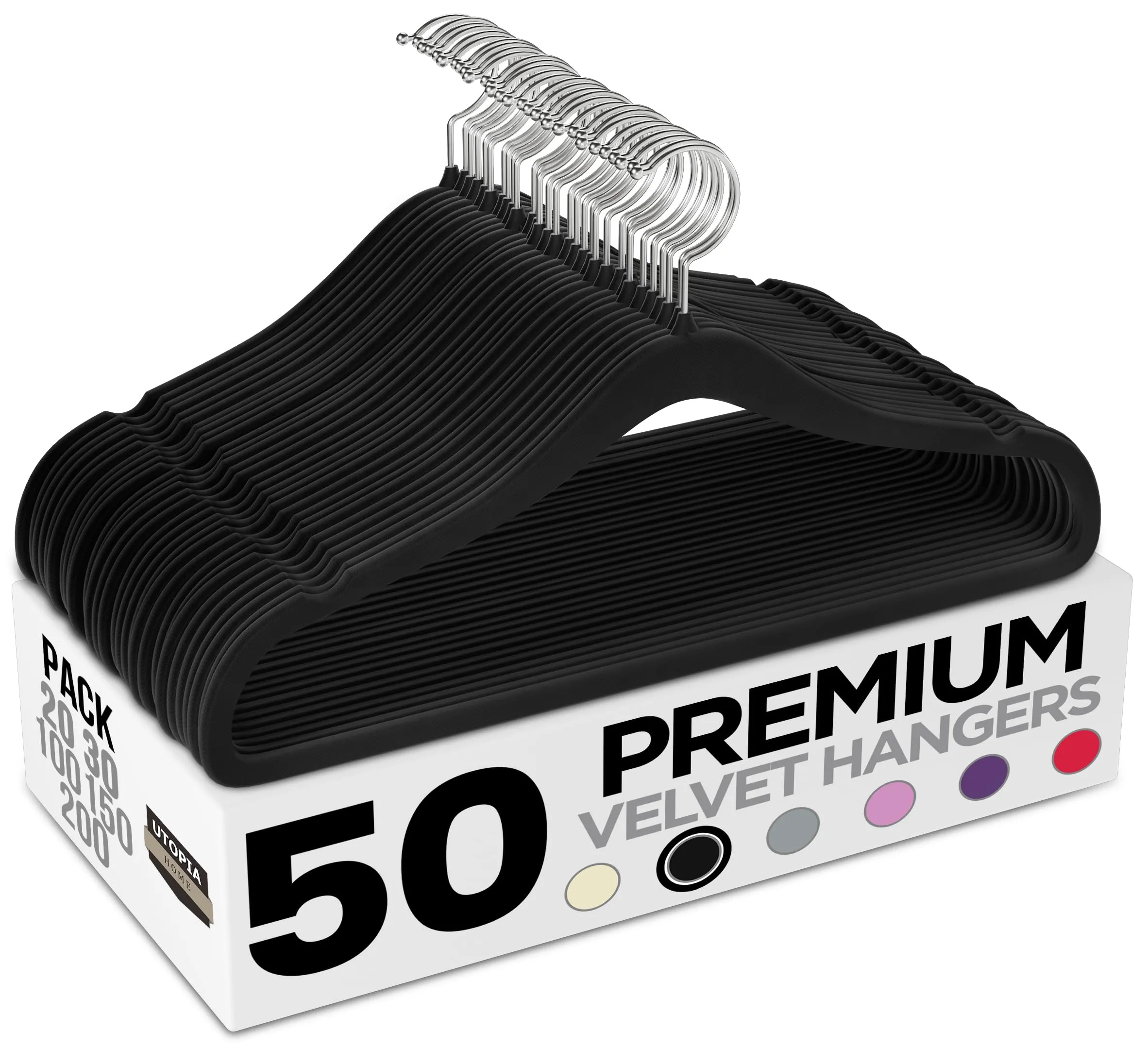 Utopia Home - Grucce in velluto - Antiscivolo e resistenti con barra per cravatte - Grucce salvaspazio per camicie, giacche e vestiti (Nero, Confezione da 50)