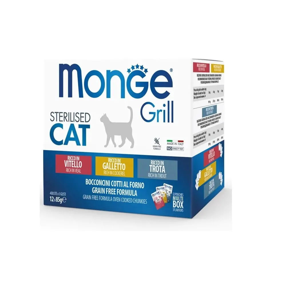 Monge Grill STERILIZZATO MULTIPACK CON POLLO, TROTA, VITELLO, cibo umido per gatti (cibo per gatti multipack con pollo, trota, vitello, ricco di vitamine, senza cereali, facilmente digeribile, 85 g)