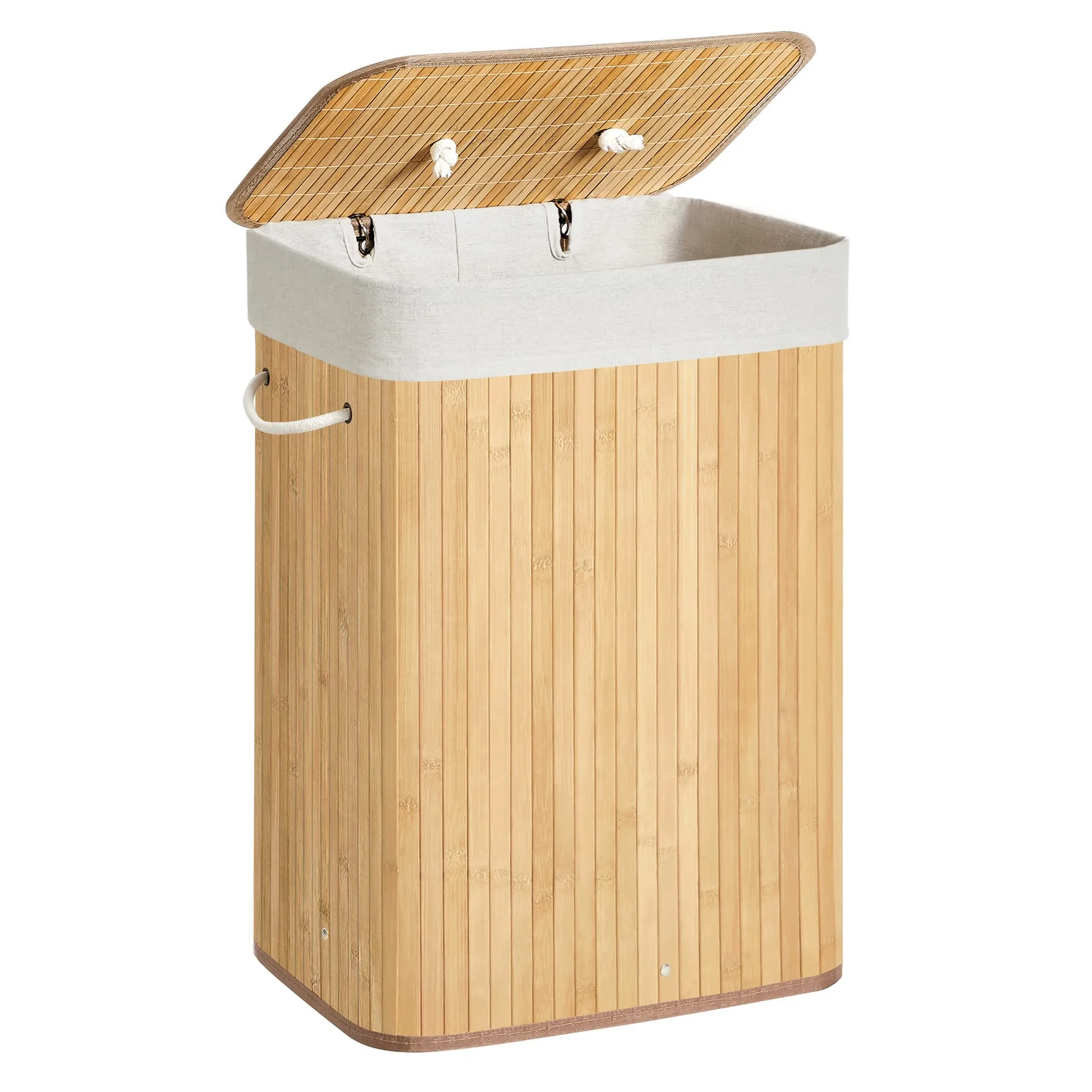 SONGMICS Cesta Portabiancheria con Coperchio, 72 L, Cesto Porta Biancheria in Bambù, Pieghevole, Sacco Rimovibile e Lavabile in Lavatrice, Maniglie, Lavanderia Camera, Naturale LCB10Y