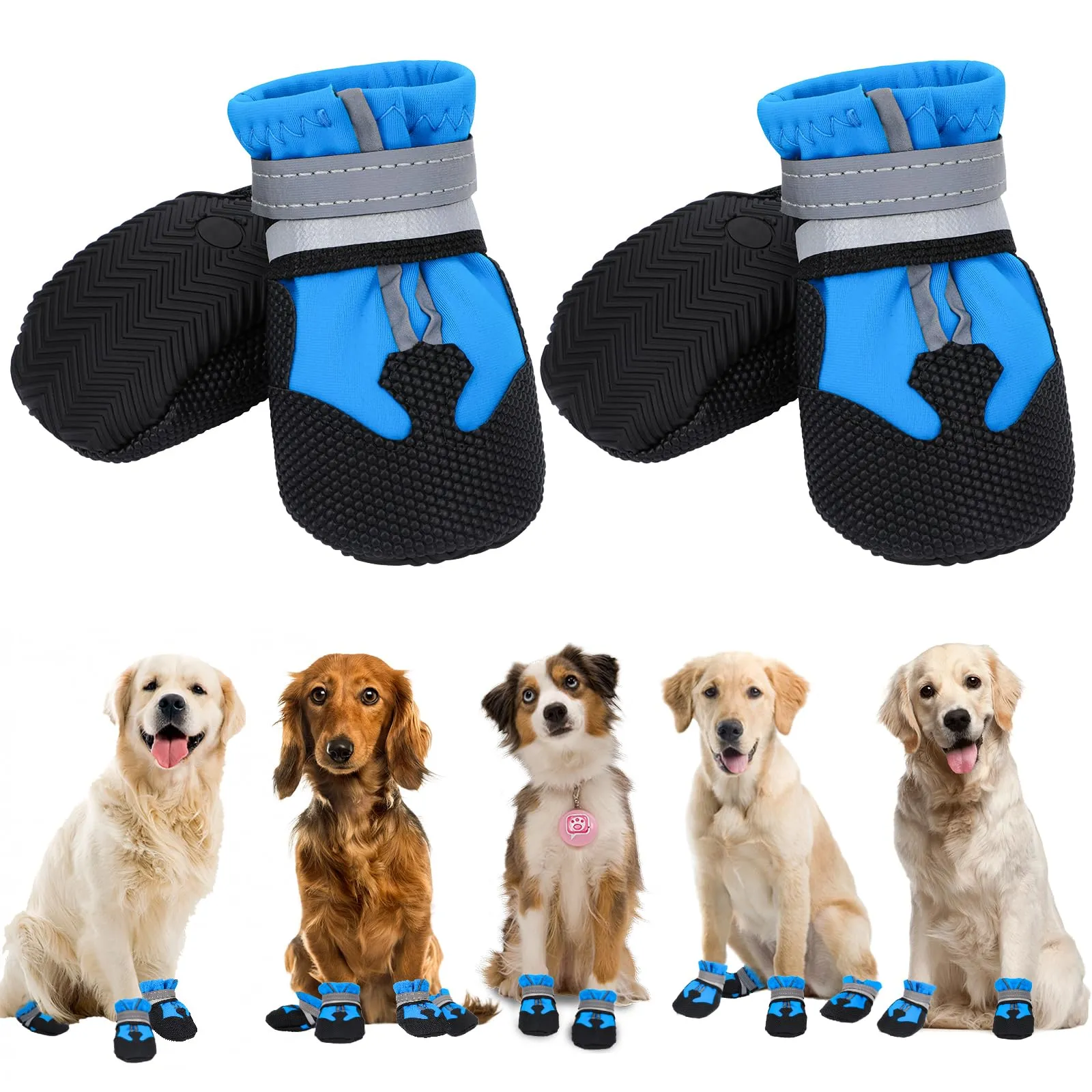 4 Stivali per Cani Paw Protector, Impermeabili Con Cinghie Riflettenti, Antiscivolo Regolabili e Lavabili, Protettori Delle Zampe per Cani di Piccola, Media e Grande Taglia