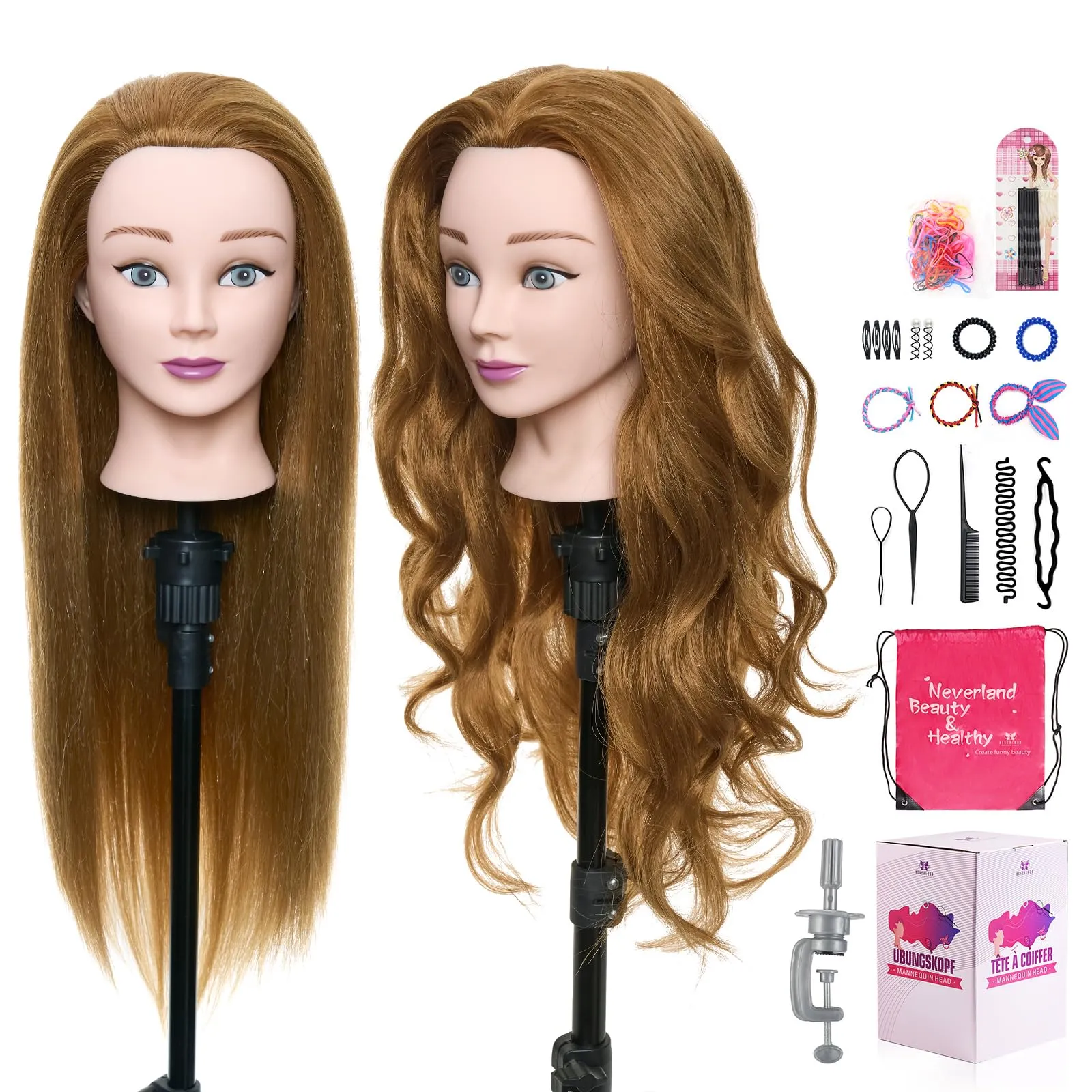 Neverland Testa per Parrucchieri 24" 50% Capelli Veri Testina Parrucchiere Capelli Veri Testa Manichino Testa per Parrucca Testa Parrucchieri Modello Con Morsetto & DIY Hair Styling Tools