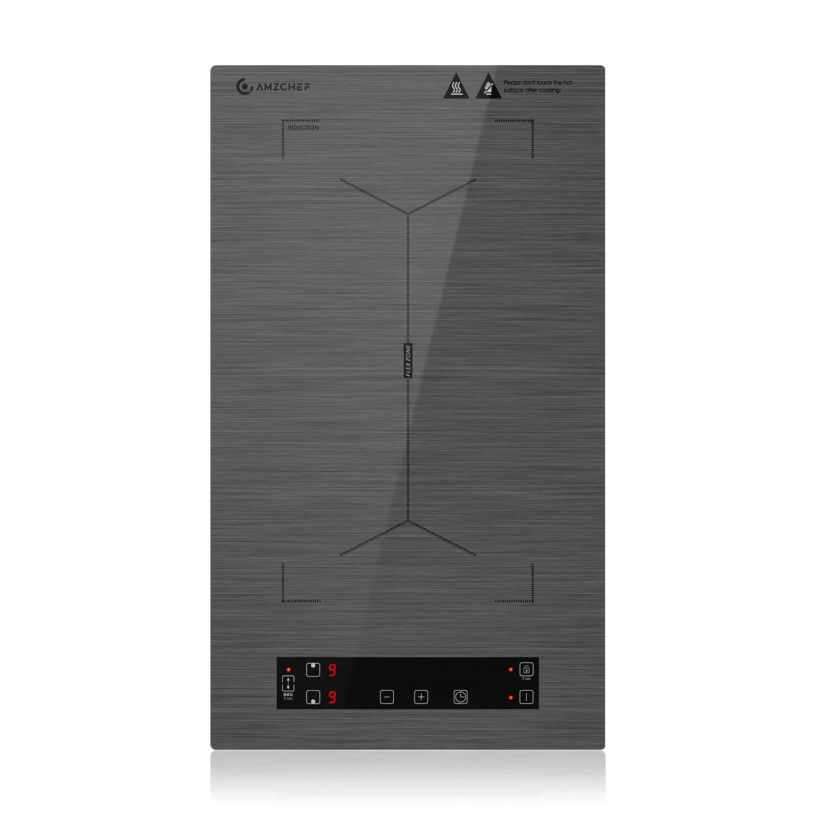 AMZCHEF Piastra a Induzione 2 Fuochi, Piano Cottura Induzione con Flex zone, 10 livelli di potenza, blocco di sicurezza e timer, protezione contro il surriscaldamento, BBQ, 3300W(Grigio)