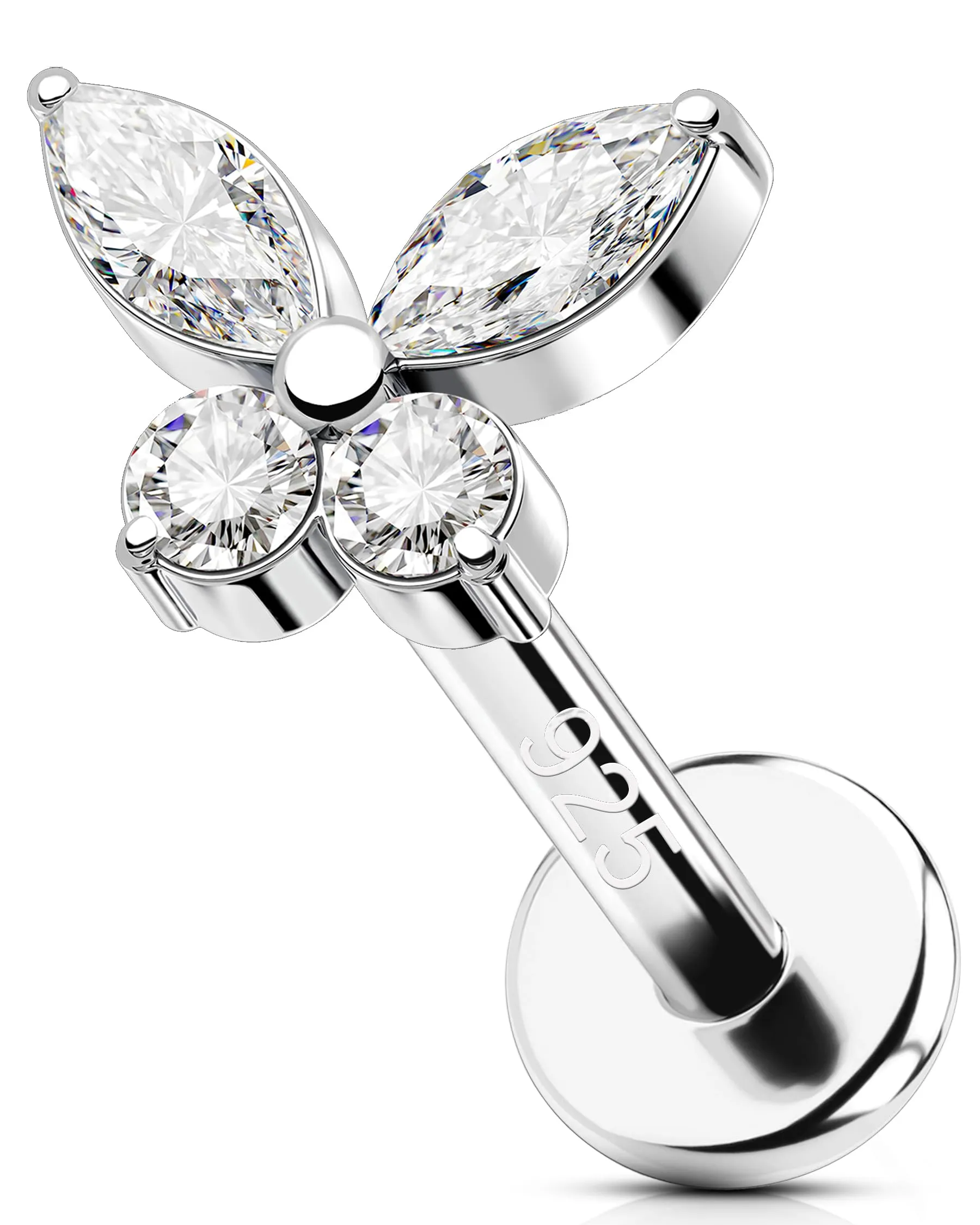 OUFER 16G Farfalla Piercing Trago Filettato Interno Piercing Helix Argento 925 Lip Stud Trasparente CZ Conch Lobe 6/8 mm Gioielli Per Il Corpo per Donne