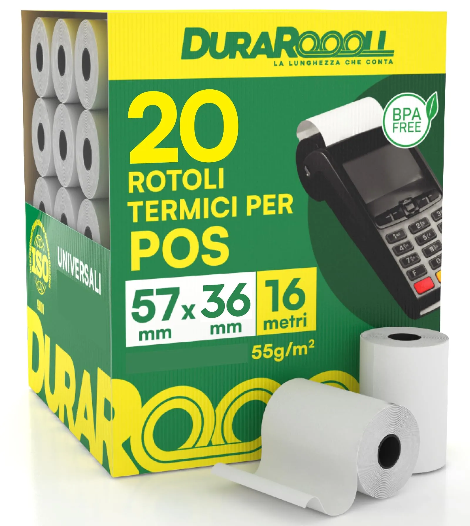20 Rotoli Carta per POS 57x38 Rotolini Termici DuraRoooll - Rulli Carta Termica 16m Compatibile con Nexi SumUp Pax Axerve Ingenico Smart POS - Rullini per Scontrini Ricevute Bancomat Carte di Credito