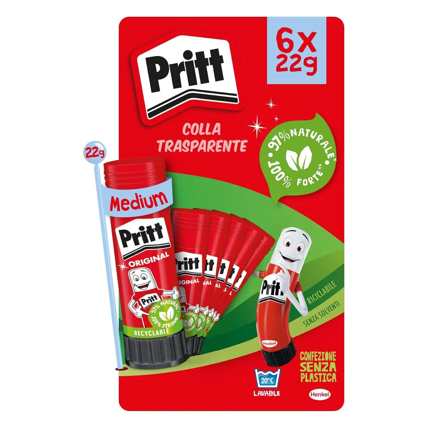 Pritt Colla Stick 6 x 22g, Colla Pritt sicura e affidabile, Adesivo per lavoretti e fai da te, con una tenuta forte per uso scuola e ufficio, 6 stick x 22g