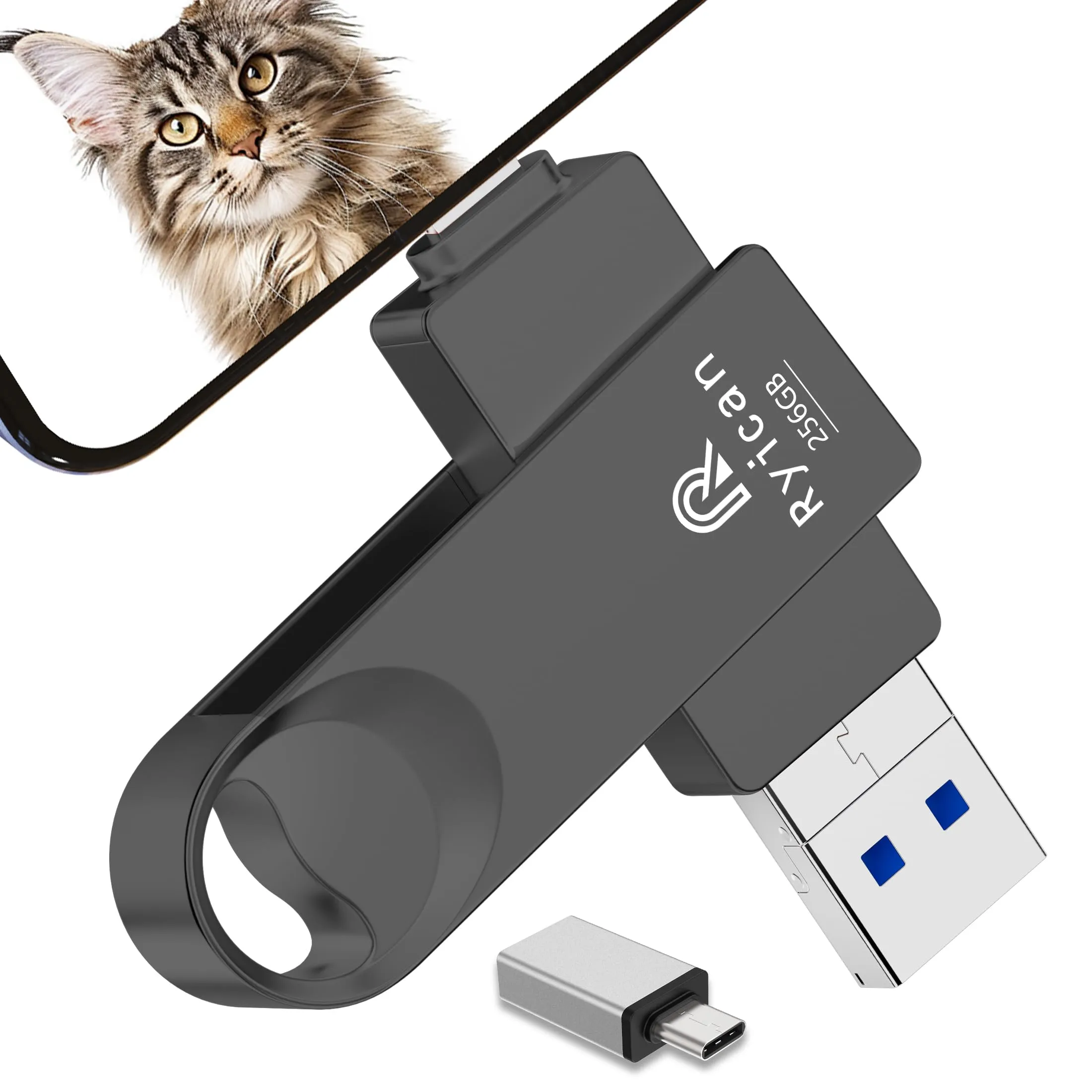 [Senza APP] Chiavetta USB per lPhone,Ryican 256GB Memoria Esterna Pendrive USB C 3.0 Chiavetta per lPhone per scaricare foto 4 in 1 Photostick per iOS/Smartphone/Pad/Android/PC/Tablet,Nero