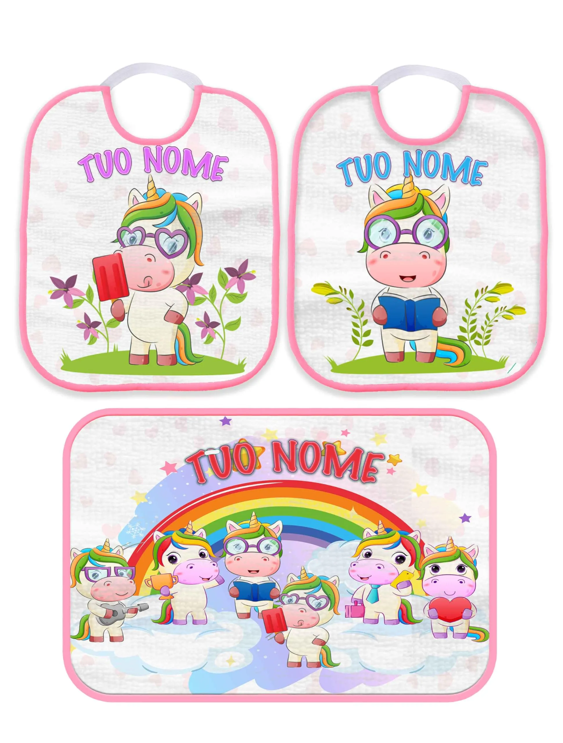 set Asilo personalizzato con nome del bambino/a (Set 2 Bavette Bavaglino Asilo + Asciugamano personalizzabile con nome Unicorno Arcobaleno Bordo Rosa)