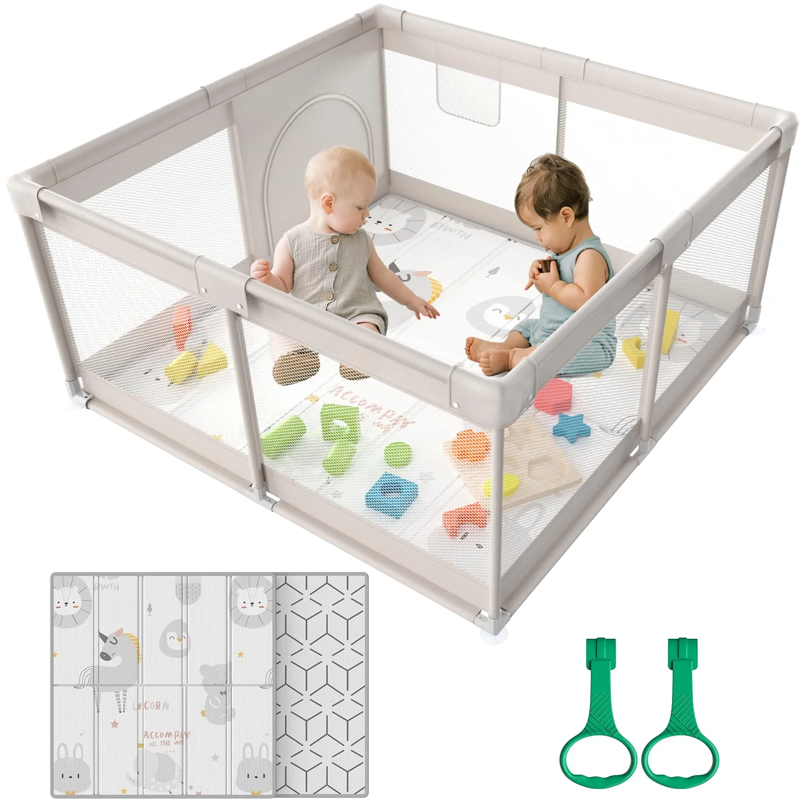 Cafolatt Box Bambini, 120x120cm Box Neonato adatto Per Appartamenti, Recinto Bambini Con Tappeto 120cm Materassino, 2 Maniglie