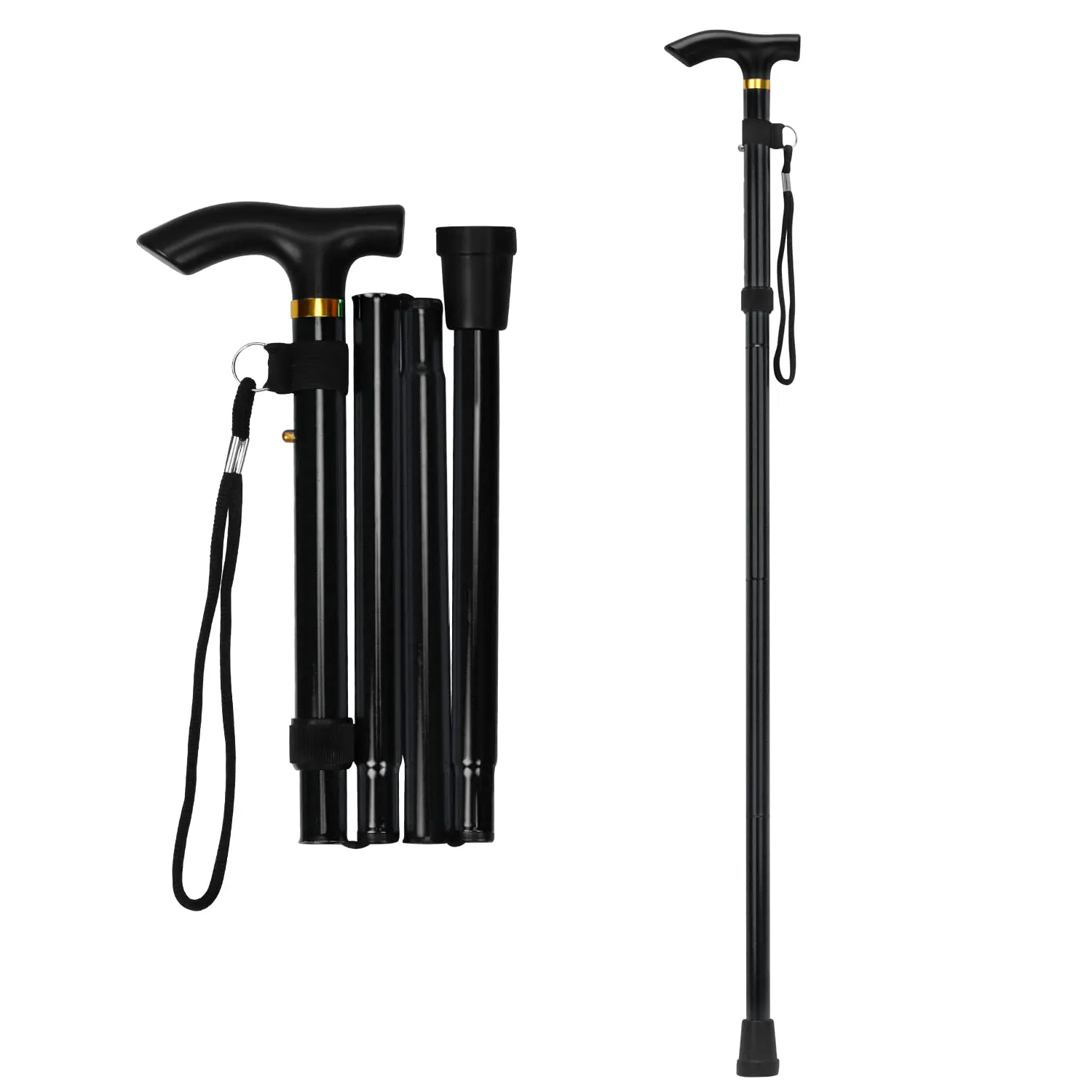 supregear Bastone Pieghevole, Regolabile per Anziani e Adulti, Ausilio per la Mobilità Uomo Donna, Portatile da Viaggio con Cinturino da Polso e Manico a T, Nero
