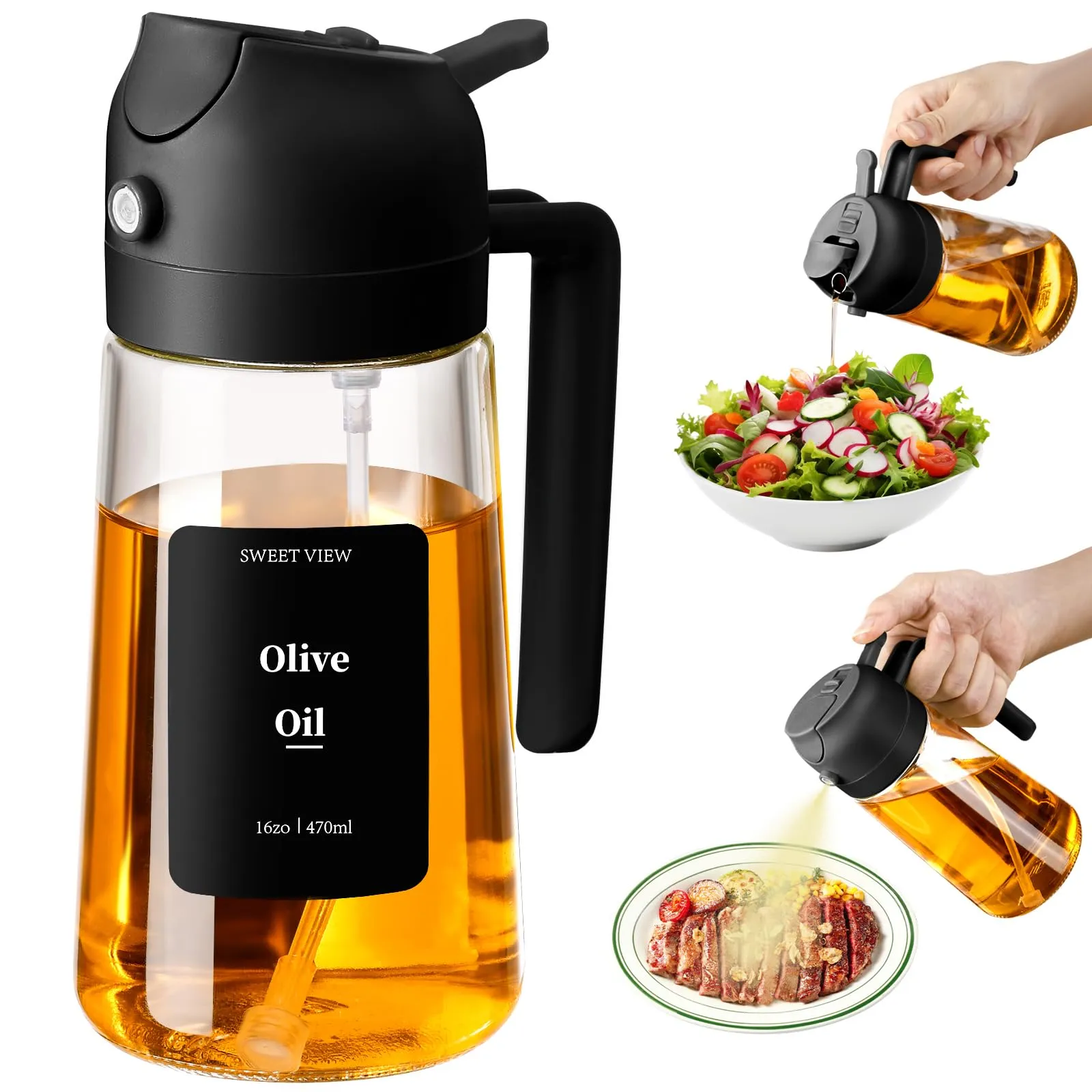 SWEET VIEW 2 in 1 Spruzzatore Olio e Dosatore Olio, 470ml Spruzzino Olio Per Friggitrice Aria, Bottiglia di olio d'oliva in vetro per cucina, insalata e barbecue (Nero)