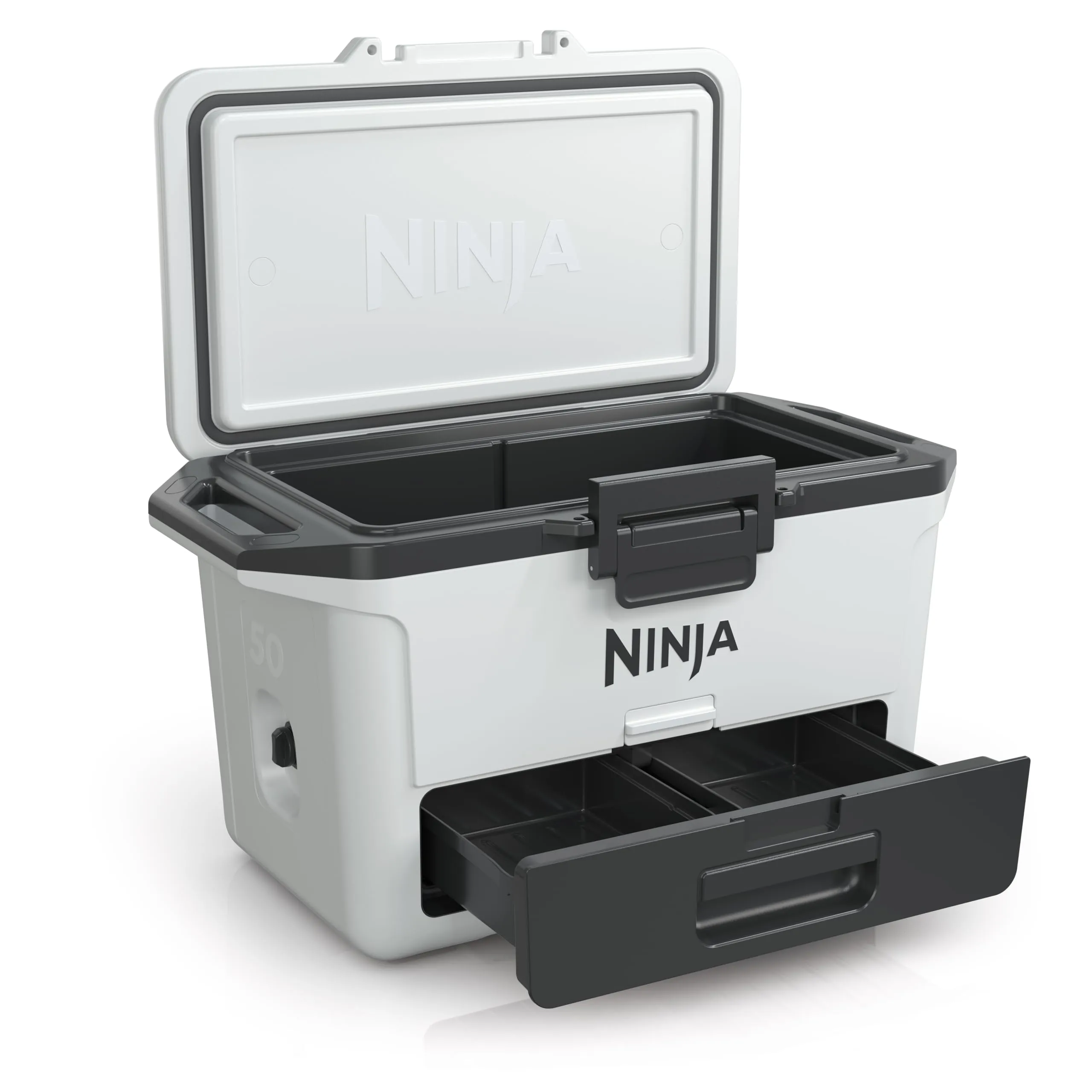 Ninja FrostVault Hard Cooler 47L, Ghiacciaia, Frigo portatile Isotermico, Ghiaccio fino a 6 Giorni, Cassetto Integrato, Scomparto separato Dry Zone, Spazio per 80 Lattine, Bianco Nuvola FB151EUWH