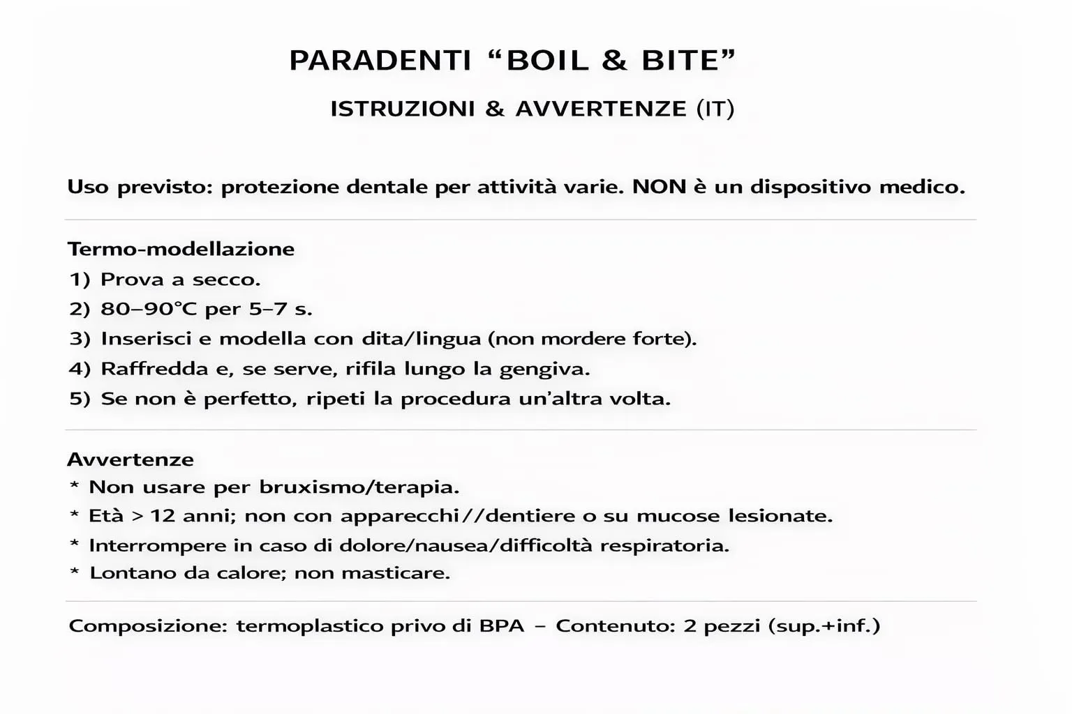 Paradenti sportivo termo-modellabile “boil & bite” – 1 coppia (superiore + inferiore) – adulto