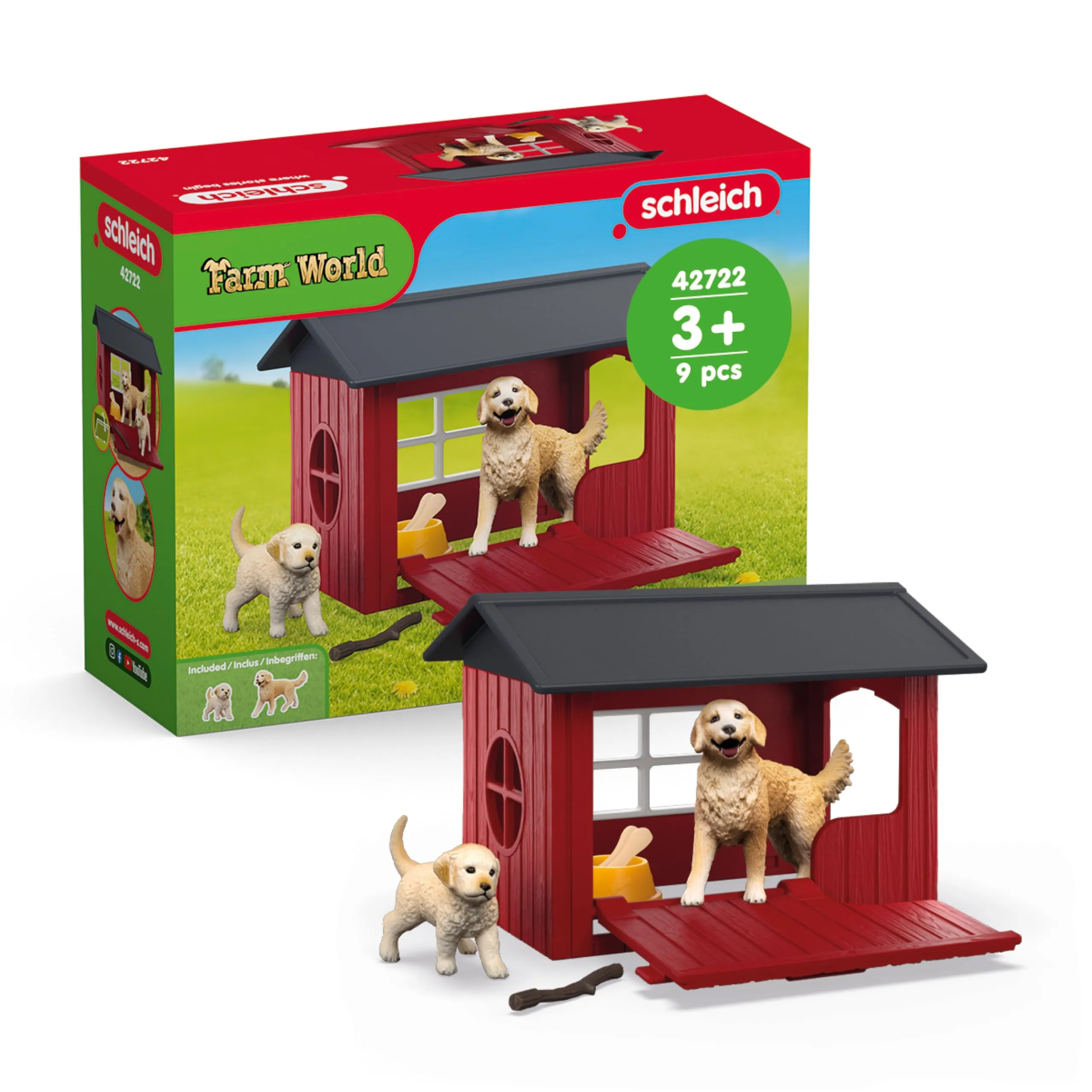 SCHLEICH 42722 Caseta de Perro con Golden Retrievers, da 3 Anni, Farm World - playset, 9 Pezzi