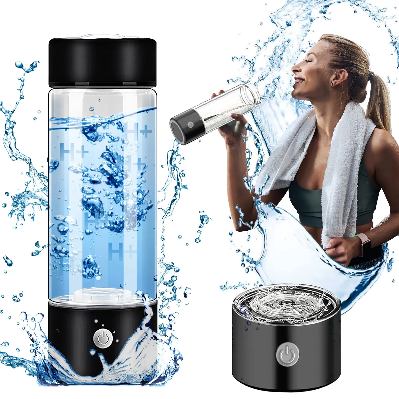 PQETBV Generatore di Idrogeno, Bottiglia D'acqua Idrogenata, Generatore Portatile di Bottiglie di Idrogeno, Ionizzatore D'acqua, Ideale per Ufficio, Viaggi e Lavoro (Nero)
