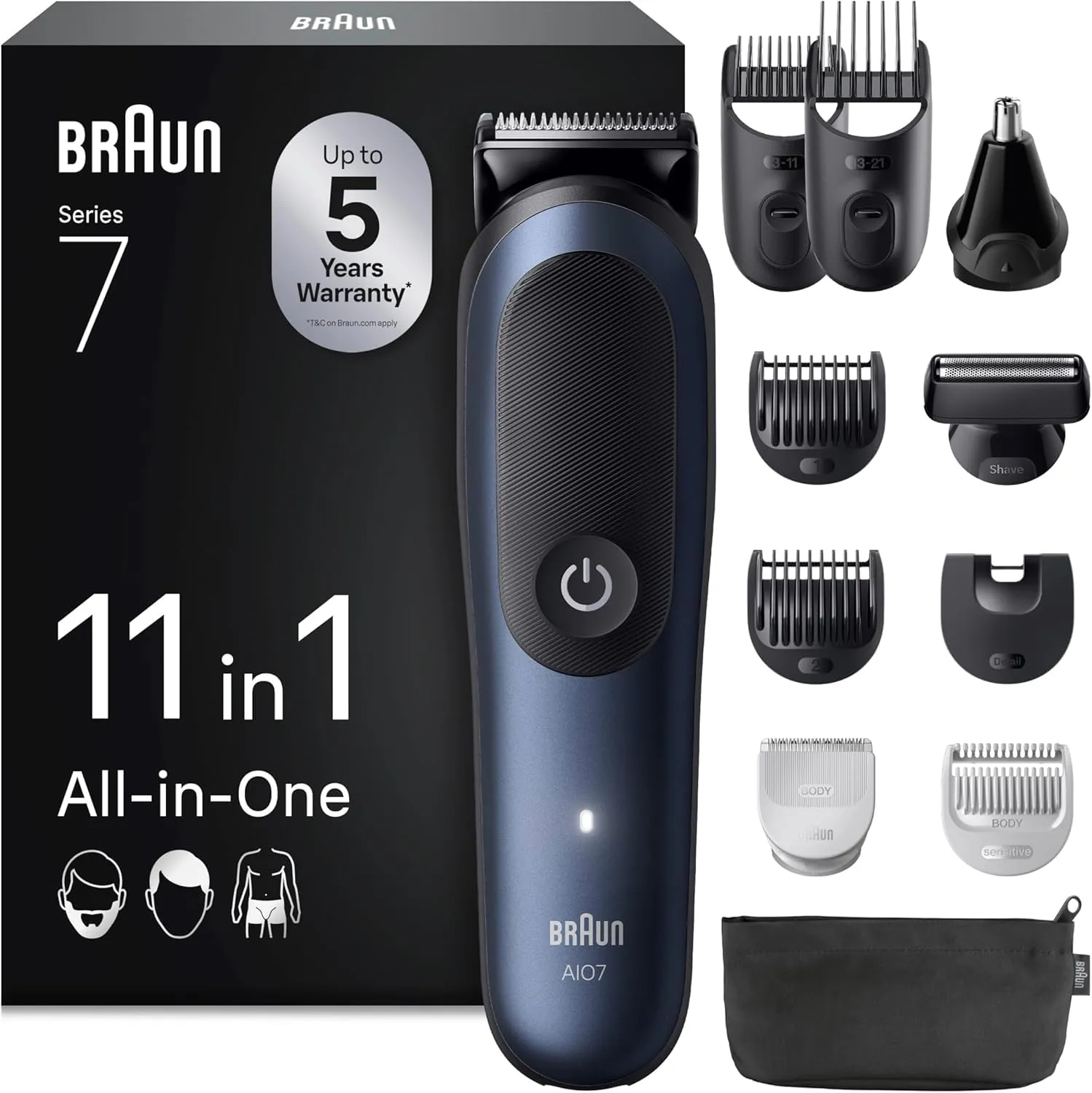 Braun Trimmer All-in-One Series 7, Kit 11-in-1, Lama ProBlade, Tecnologia AutoSense, 120 Min Di Autonomia, Protezione SkinGuard, Barba Sfumata, Manico AquaGrip Pratico Subacqueo, AIO7540, Blu