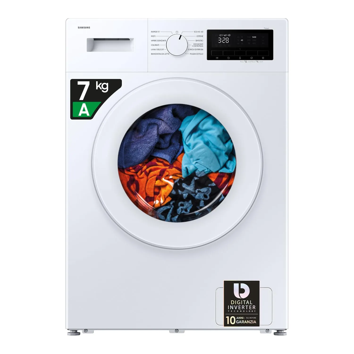 Samsung Lavatrice Slim WW70FG3M05TW/ET Libera installazione, 7 Kg, Vapore Igienizzante, Carica Frontale, Corpo e oblò: Bianco, Display: Nero, 59,5l x 85h x 45,5p cm