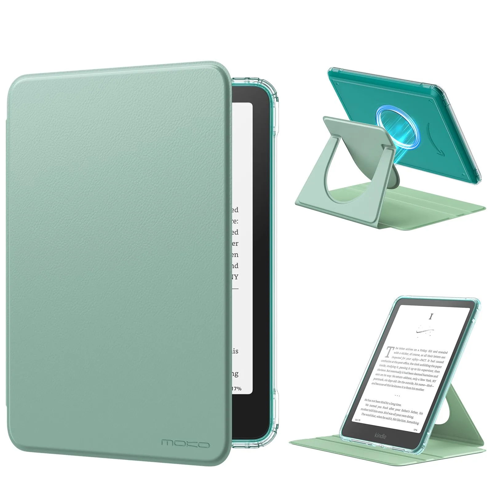 MoKo Custodia Girevole a 360° per 7" Kindle Paperwhite 12a Gen 2024 e Kindle Colorsoft 2024/2025, con Retro Trasparente, Staccabile, Magnetica, Regolabile e con Funzione Auto Wake/Sleep, Verde Agave