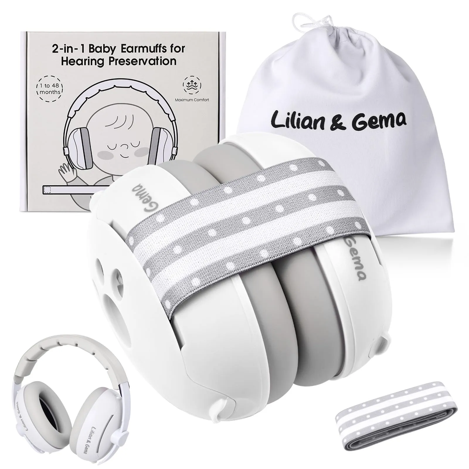 Lilian&Gema 2 in 1 Cuffie Neonato Antirumore -25dB,Protettori acustici per neonati, archetto regolabile, antiscivolo e antistress, protezione acustica ideale per neonati fino a 48 mesi