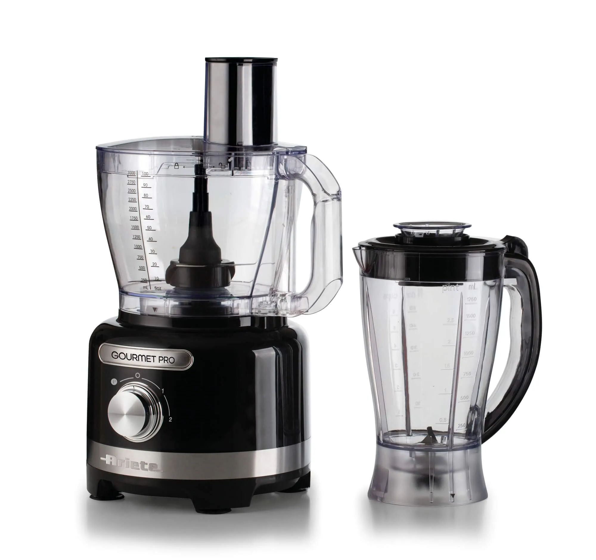 Ariete 1782 Gourmet Pro Moderna, Robot da cucina, Tritatutto 3L, Frullatore 2L, 2 velocità + Pulse, Set di lame + Disco in acciaio inox, Accessorio spremiagrumi, Nero