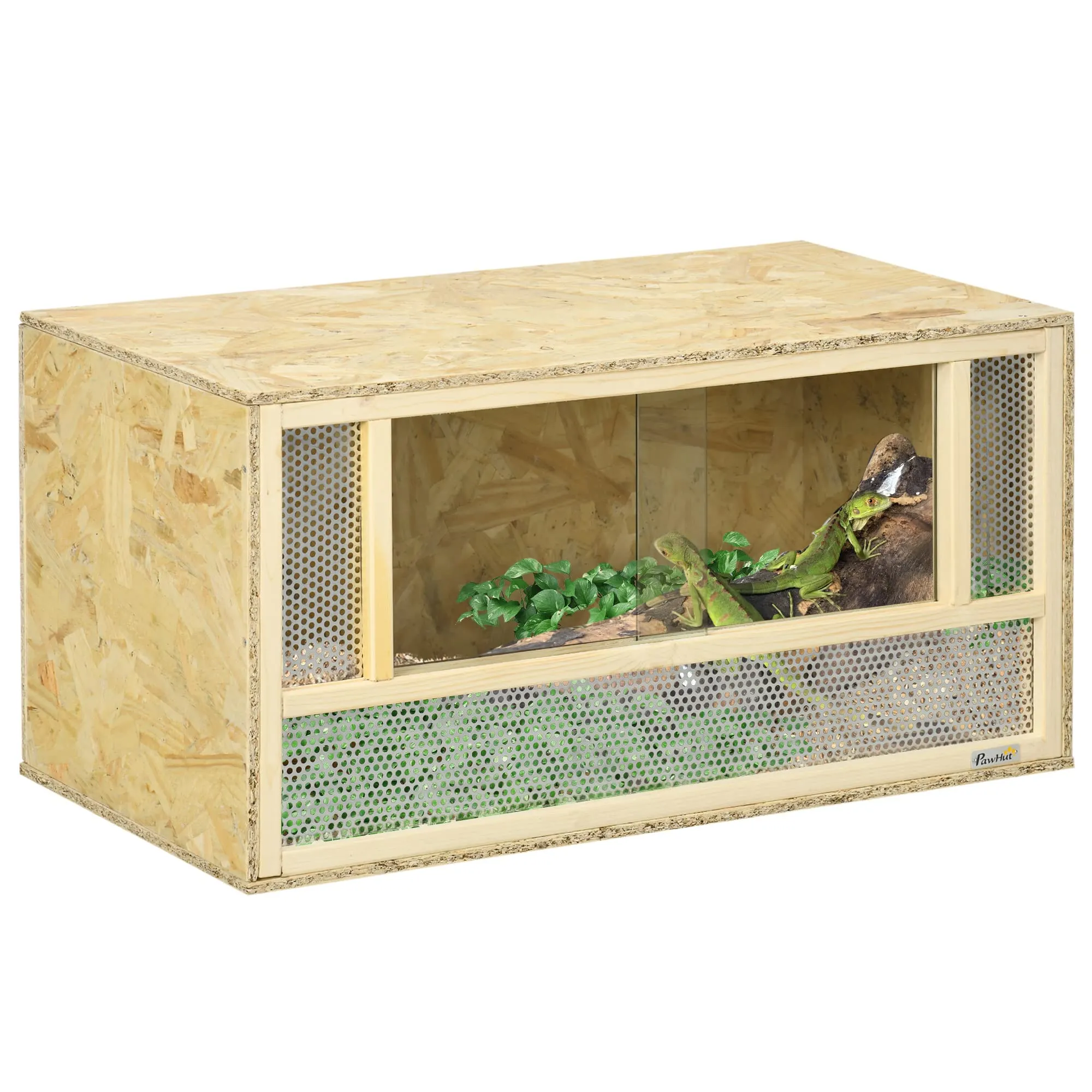 PawHut Terrario per Rettili in Legno, Teca per Rettili con Pannelli in Rete e Porte in Vetro Scorrevoli, Rettilario Multiuso, per Camaleonte, Lucertole, Serpente, 40x80x40 cm