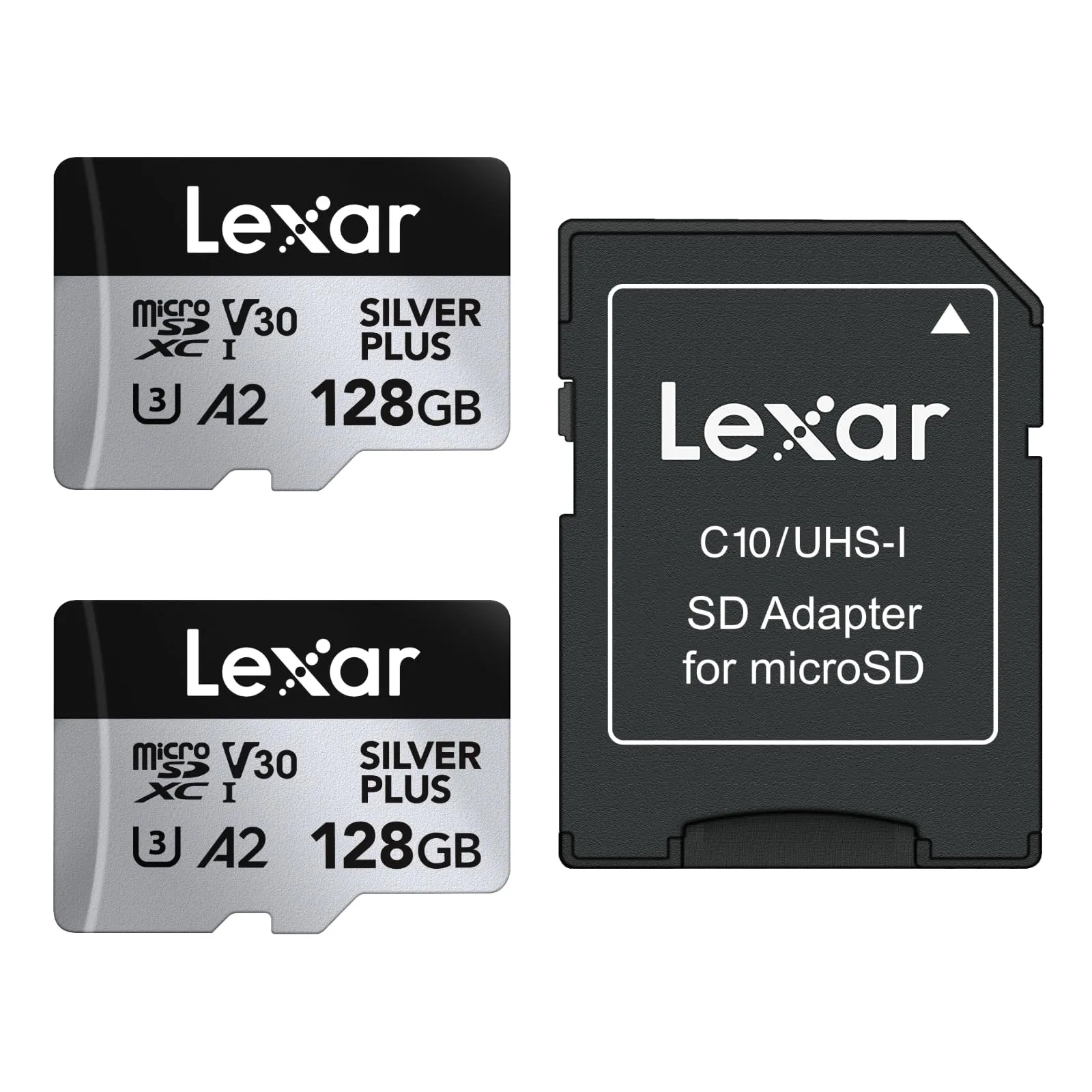 Lexar 128 GB Scheda Micro SD Silver Plus 2 Pack, Scheda di Memoria Flash MicroSDXC UHS-I con Adattatore - fino a 205 MB/s, A2, U3, V30, Class10, TF Card Alta Velocità