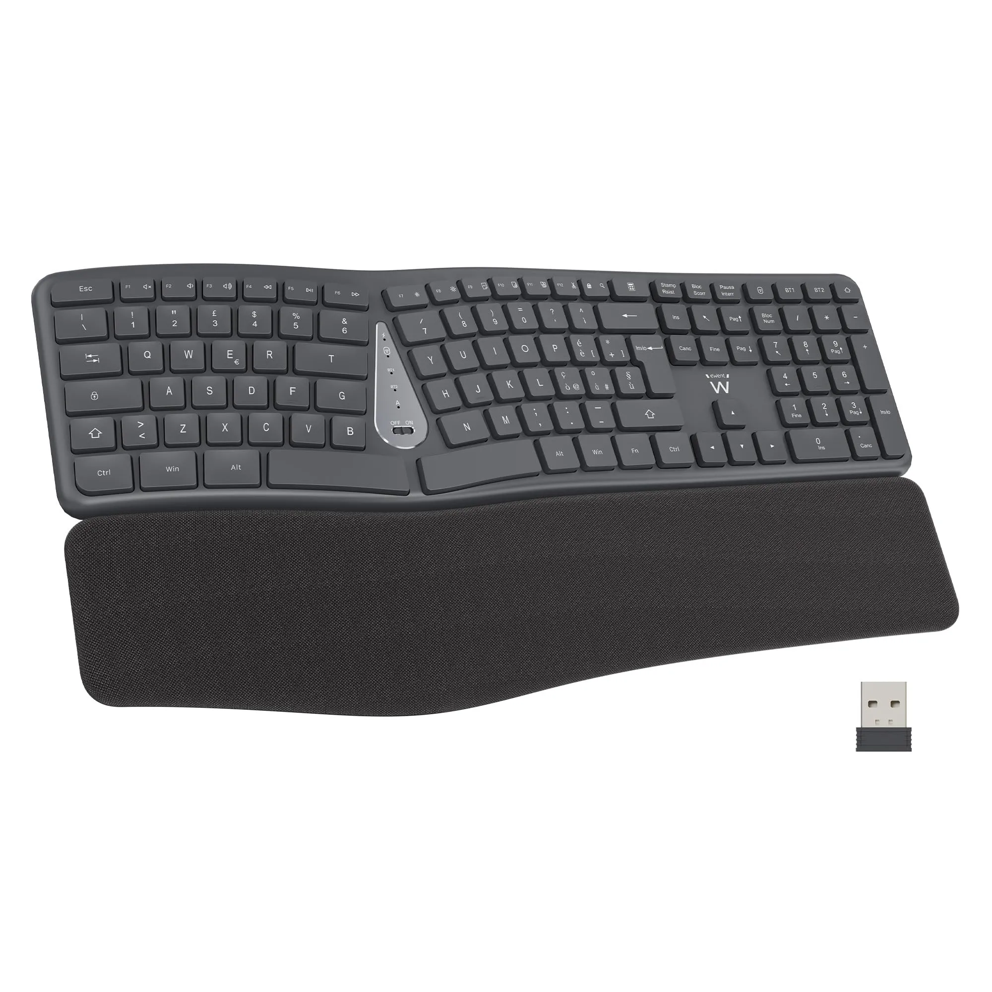 Ewent Tastiera Wireless Ergonomica, Tastiera Ergonomica Layout Italiano QWERTY, Poggiapolsi Integrato,Connettività Bluetooth e USB, Easy-Switch,Tasti Silenziosi, Compatibile con Windows, Mac e Android