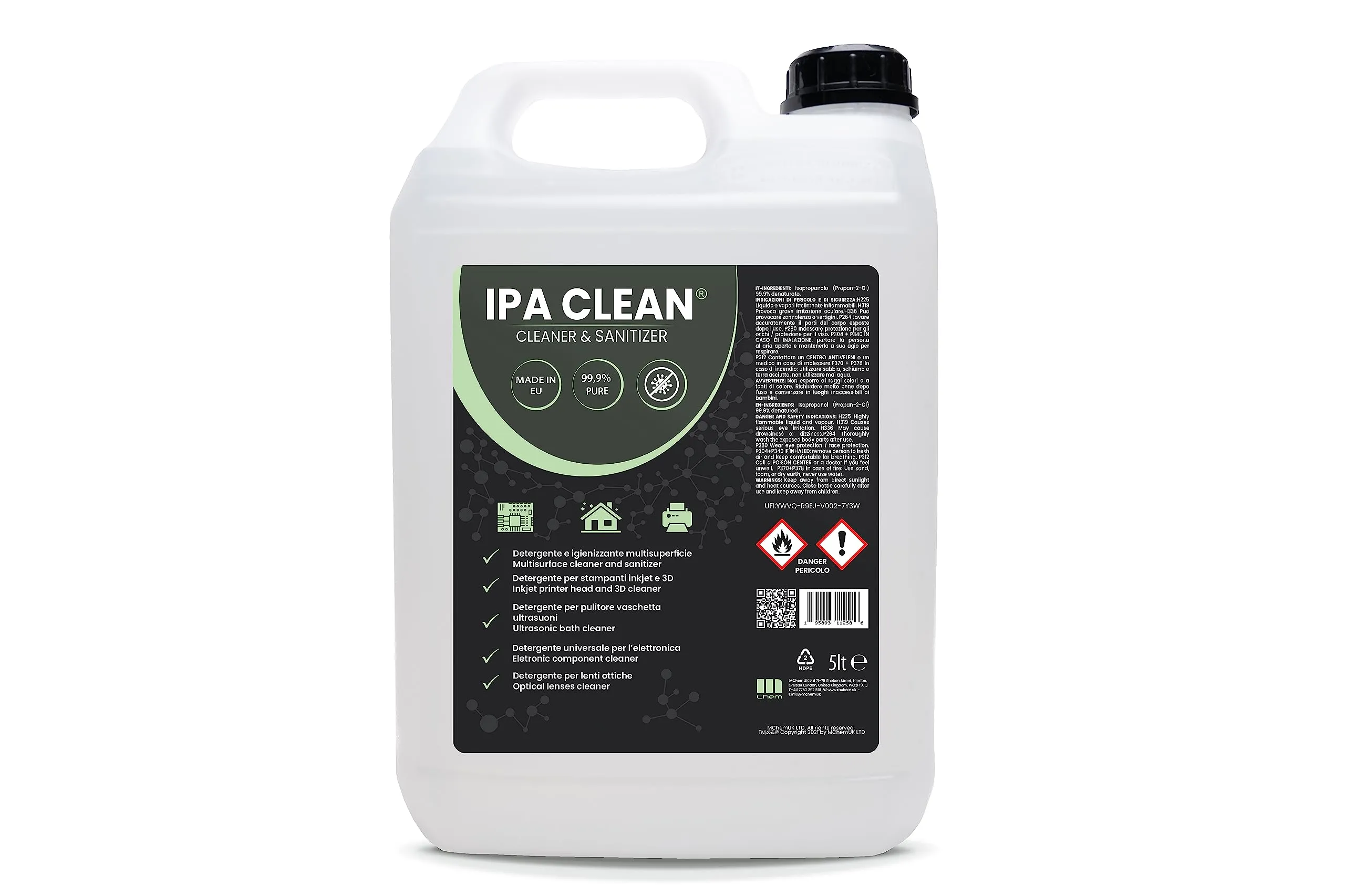 IPA Clean, Isopropanolo, Alcool Isopropilico, Alcool puro al 99,9%, Pulizia Stampanti 3D, Elettronica, Detergente per Vaschette ad Ultrasuoni, Multiuso - tanica da 5 litri