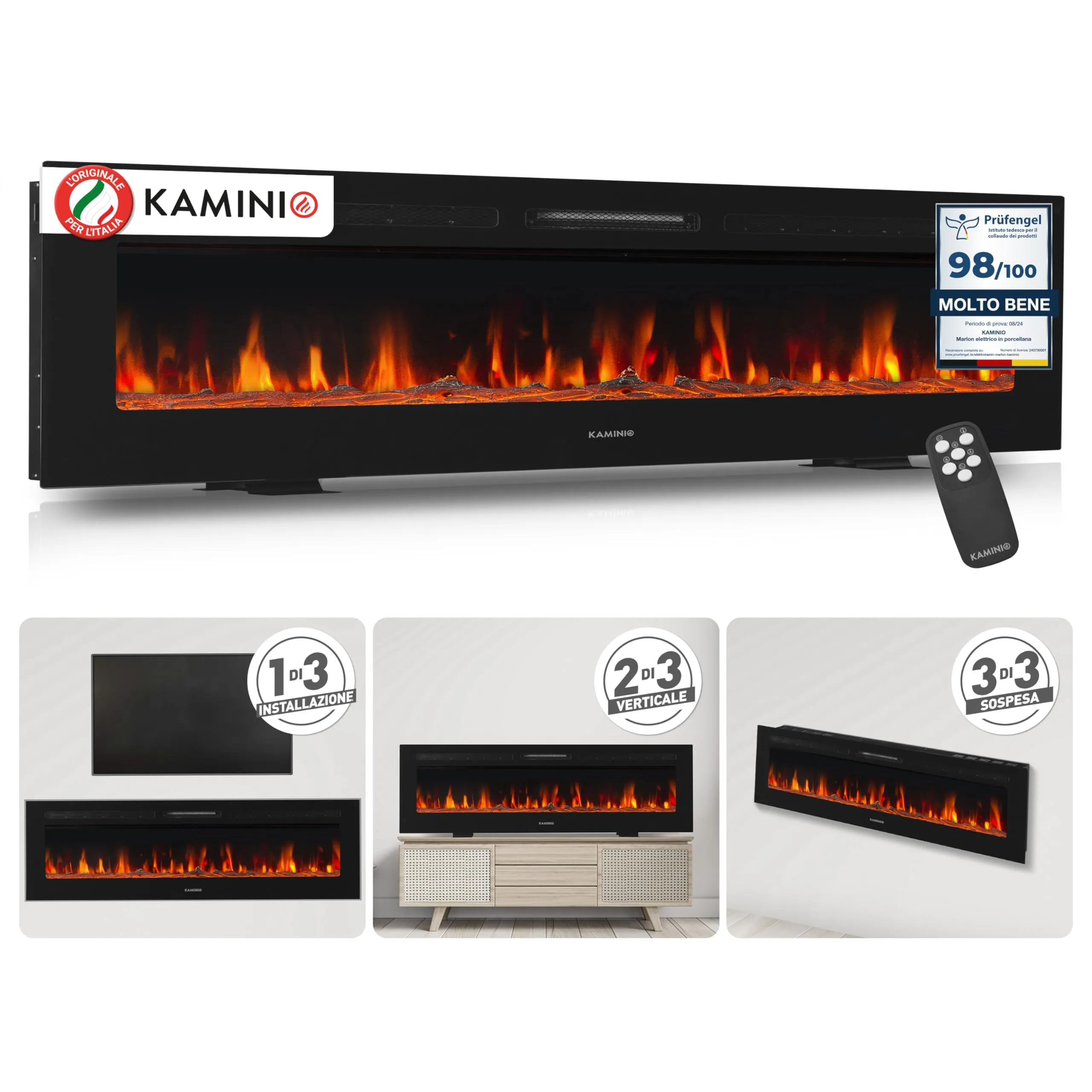KAMINIO Camino elettrico MARLON - Caminetto elettrico 3-in-1 con riscaldamento, effetto fiamma 3D, 12 colori di fiamma, telecomando (70 pollici)