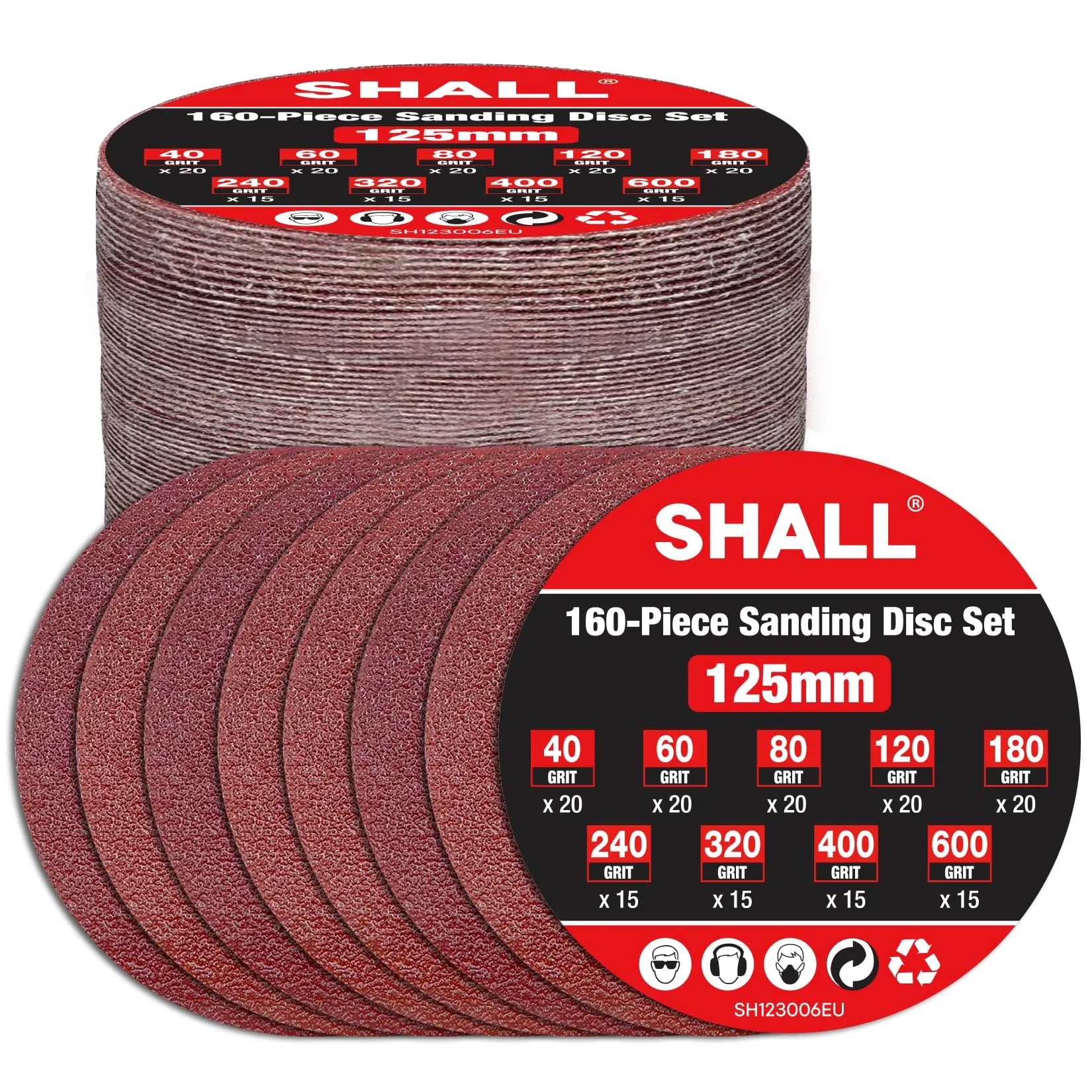 SHALL 160 pezzi 125mm dischi abrasivi, (gancio e anello 9 tipi grana mista), 8 fori 5 pollici dischi abrasivi rotondi pastiglie, per levigatrice orbitale orbitale e tutti gli utensili oscillanti