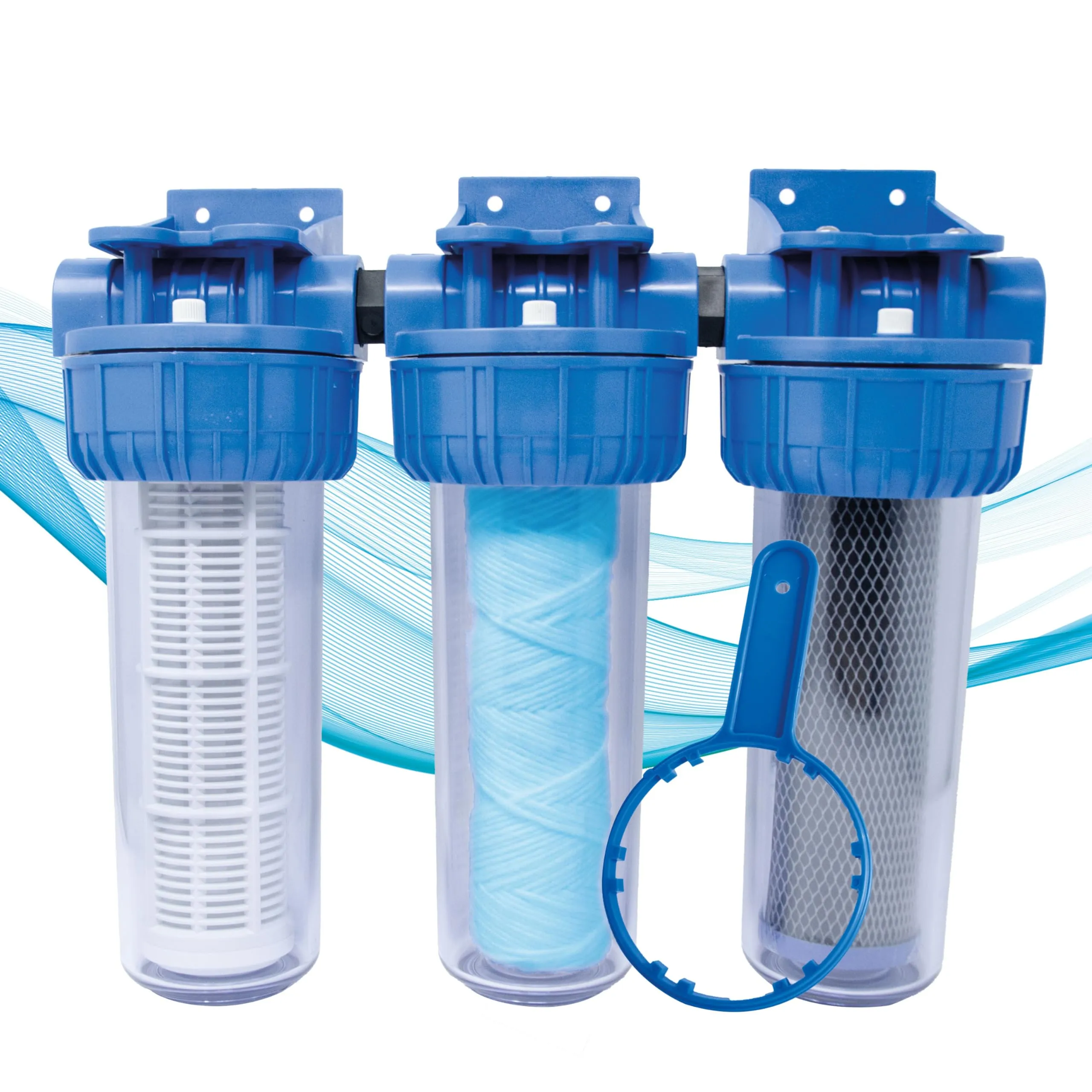 AQUASKUDO Filtro Acqua Rubinetto tre Stadi 3/4, Kit Filtro Acqua Sotto Lavello Made in Italy - Depuratore Acqua Domestico, Contenitore Filtri Anticalcare e Carboni Attivi