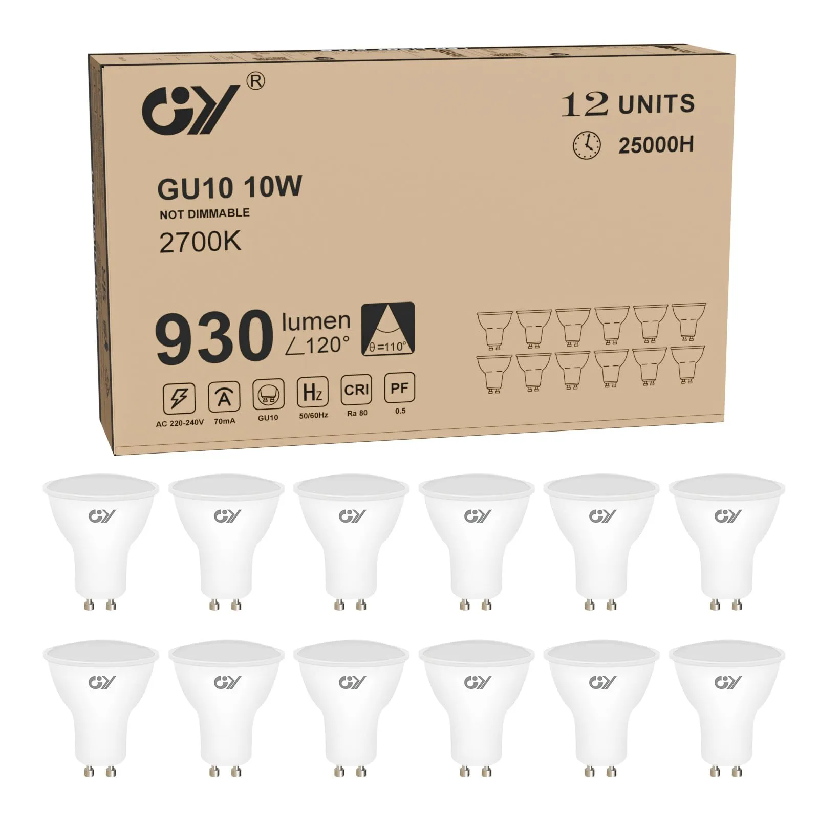 GY Lampadine LED GU10, 10W 930 lumen, non dimmerabili, equivalenti a lampadine a incandescenza da 100W, 2700 Kelvin bianco caldo, angolo del fascio 120°, lampadine a risparmio energetico, 12 pezzi