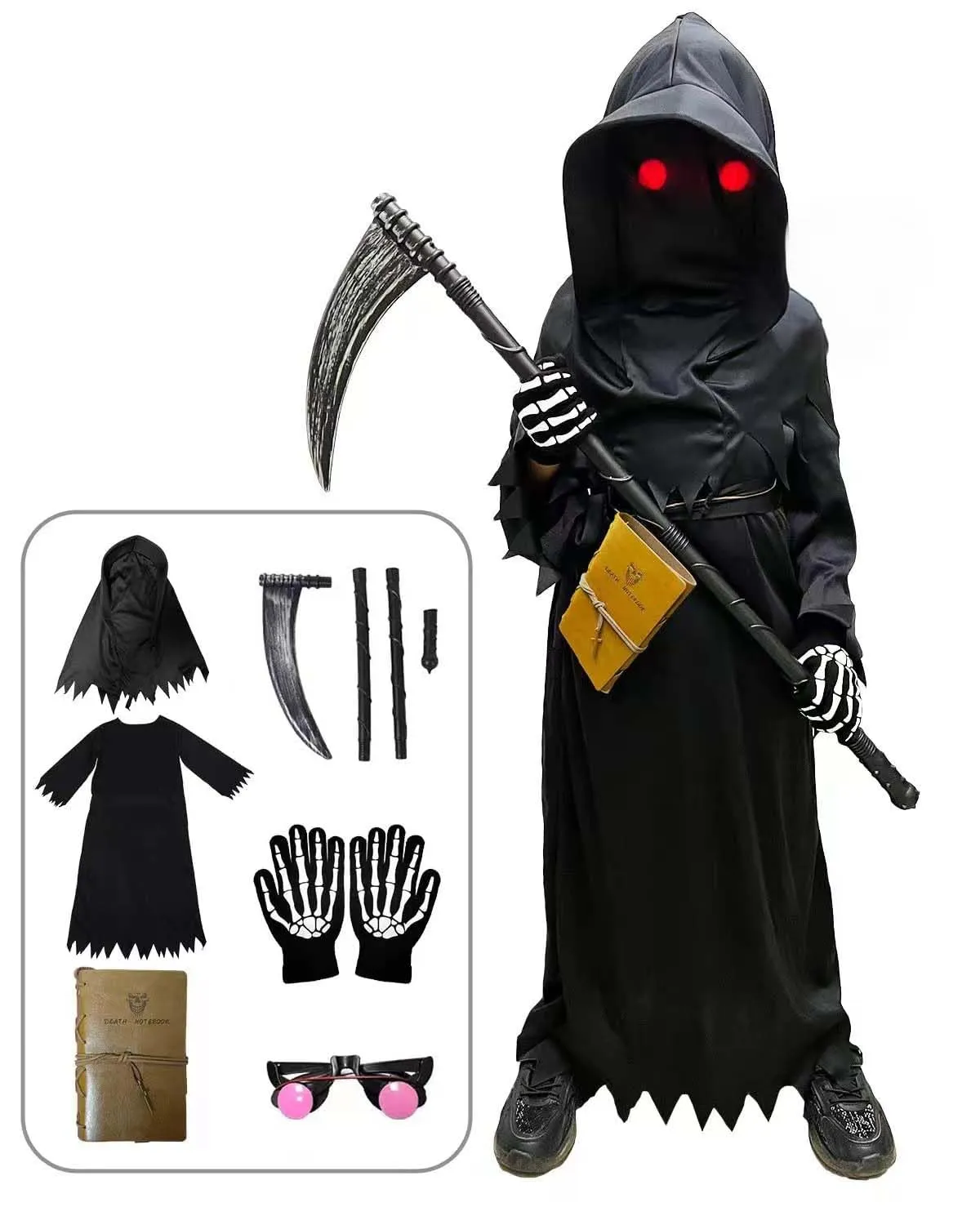 Tosekry Costume Halloween Bambino con Death Notebook, Tuta, Cappuccio, Occhiali Fosforescenti, Falce e Guanti (9-10 Anni)