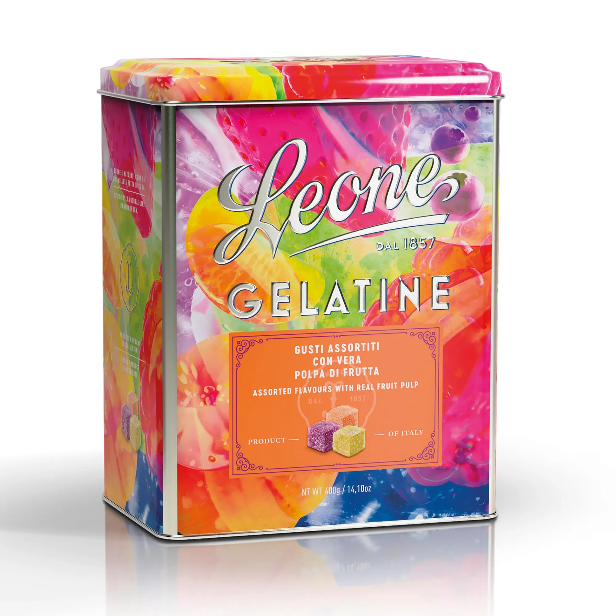 Leone dal 1857 - Latta Gelatine di Frutta Assortite - Gelatine Leone Vegane e Senza Glutine - Latta Regalo da 400g