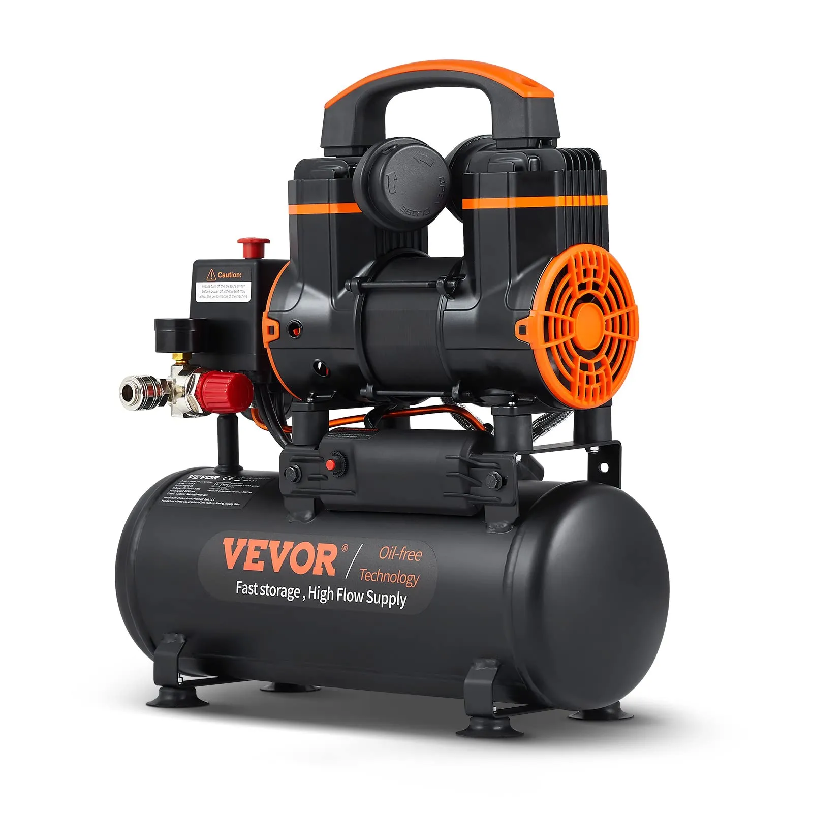 VEVOR Compressore d'Aria a Secco Portatile 8L, Senza Olio, Motore 900W, Velocità 2800 giri/min, per Aerografo Inchiodatura, Rumore 70dB 2 Silenziatori, Temperatura -50℃ - 40℃