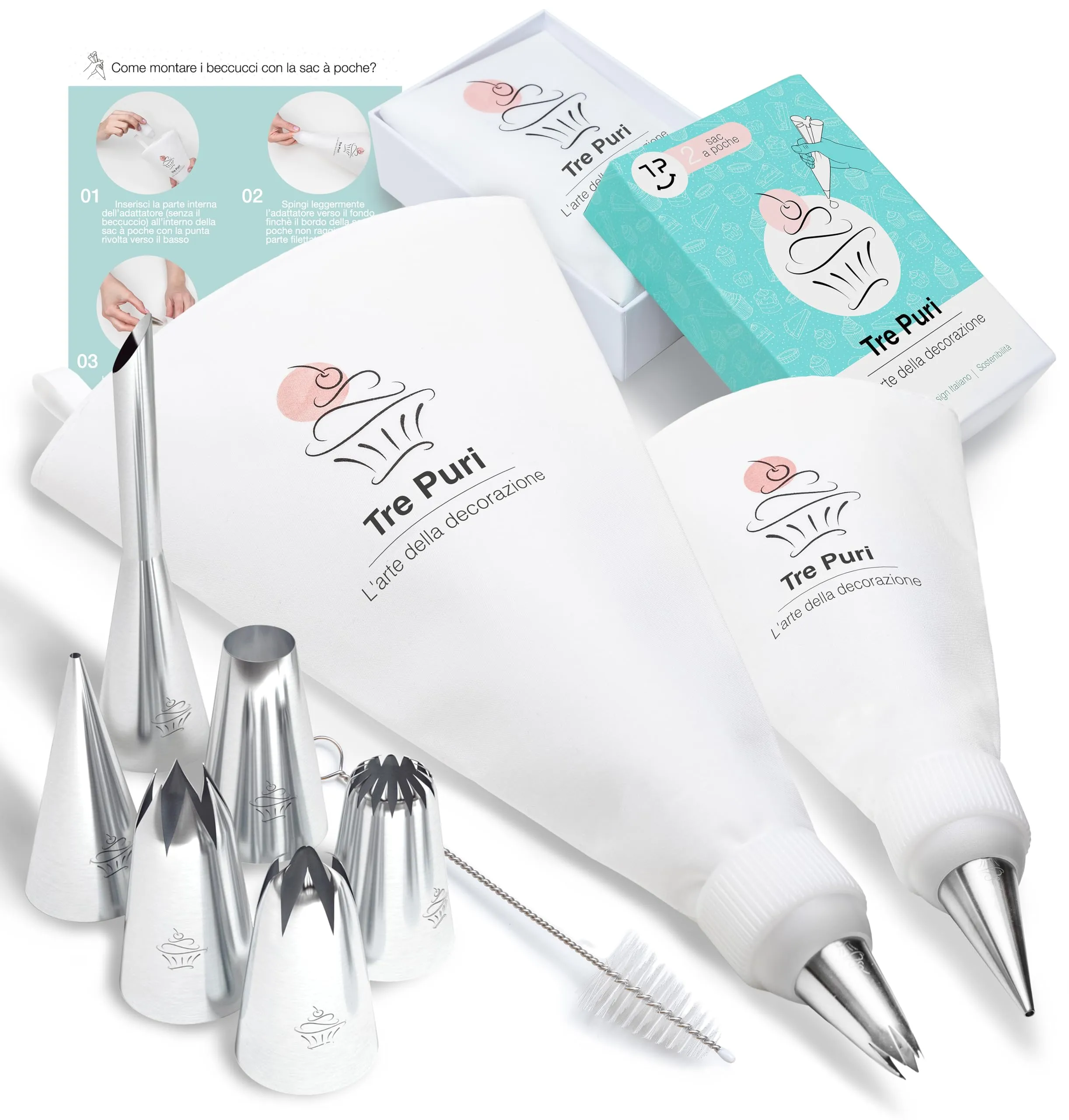 TRE PURI® 2 Sac a Poche Professionali in Cotone Facili da Usare e Pulire - Il Miglior Set in Italia Adatto per Tutti con Istruzioni in ITALIANO e i 6 Beccucci Grandi Più Usati in Acciaio Inox 18/10