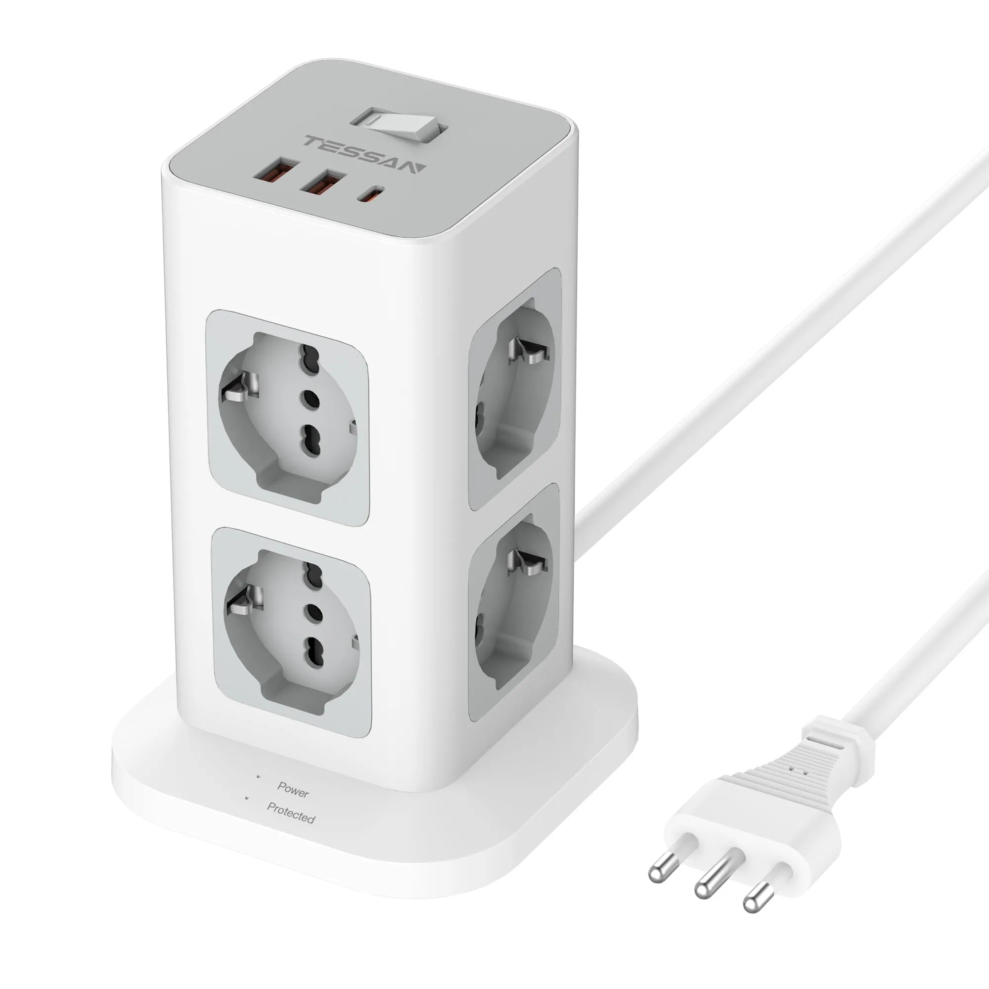 TESSAN Ciabatta Multipresa con USB 20W, Multipresa Elettrica con 1 USB C e 2 USB A, 2 Metri Ciabatta Elettrica con 8 Prese Italiane e Protezione Sovratensione, Torretta Multipresa con Interruttore