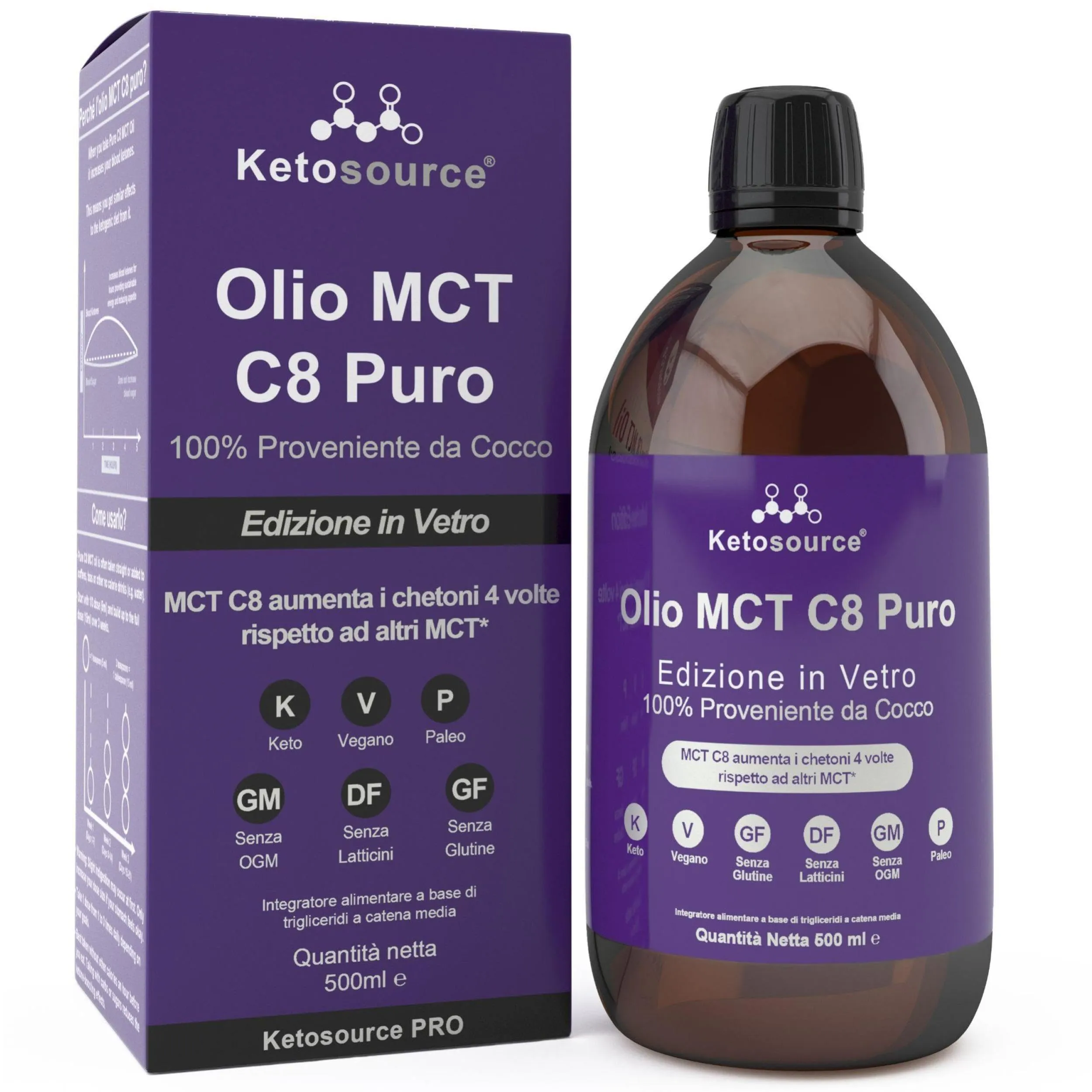 Olio MCT C8 Puro | Produce 4 volte chetoni rispetto ad altri oli MCT | Massima purezza superiore al 99% | 100% cocco | Supporta cheto e digiuno | Bulletproof | Bottiglia di Vetro 500ml | Ketosource®