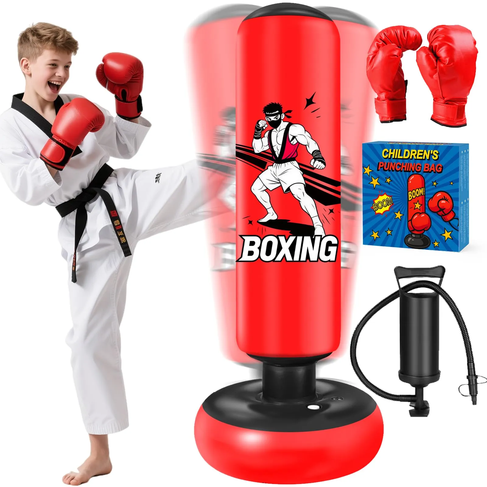 Sacco da Boxe per Bambini, 168cm Sacco da Boxe da Terra con Guantoni per Bambino da 5 a 18 Anni per Karate e Taekwondo, Regalo per Bambini, Adolescente