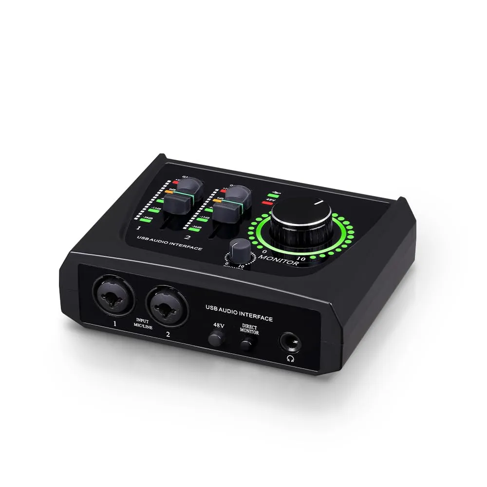 BOMGE Mini interfaccia audio USB a 2 canali per registrazione, streaming e podcasting, con alimentazione phantom XLR/48V, interfaccia audio di qualità da studio per chitarrista, cantante, podcaster o